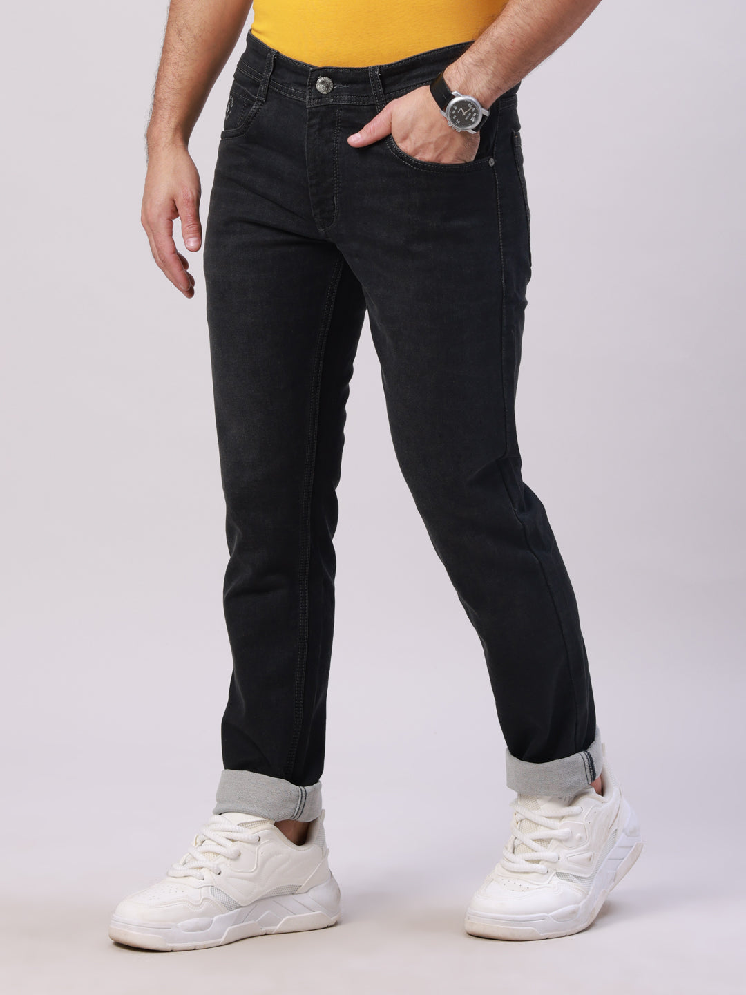 Classic Polo Men's Black Solid Cotton Slim Fit Jeans | CPDQ2-39-MNT-SF
