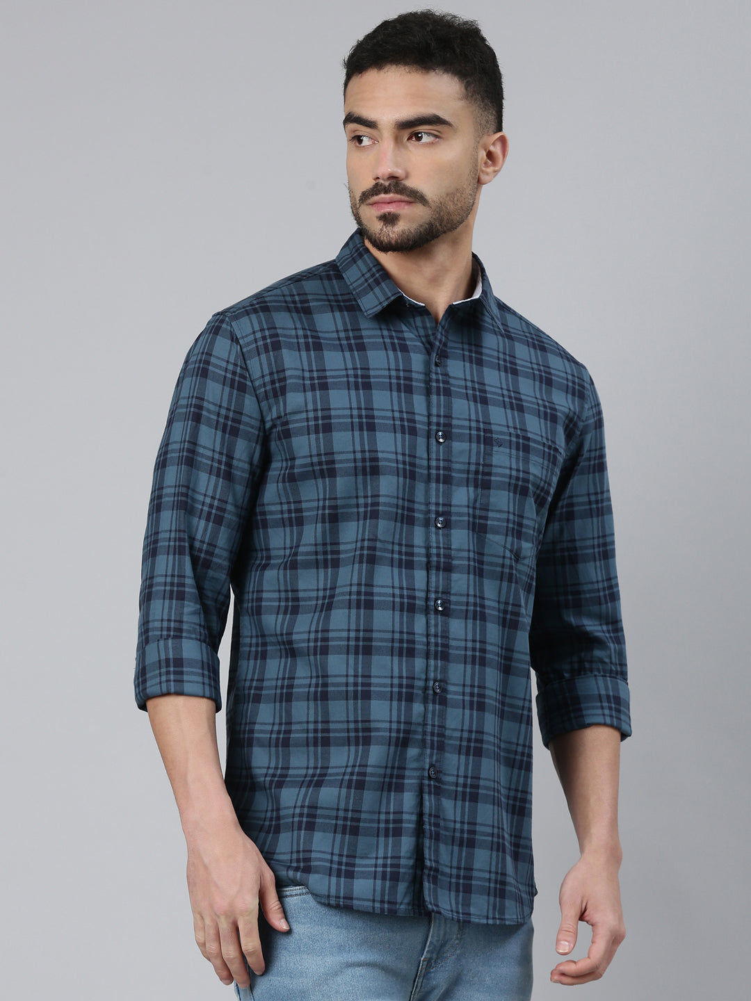 Classic Polo Men's Dark Green/Navy Blue Polo Neck Checked Cotton Slim Fit Woven Shirt | LSHQ2-103 A-FS-CHK-SF