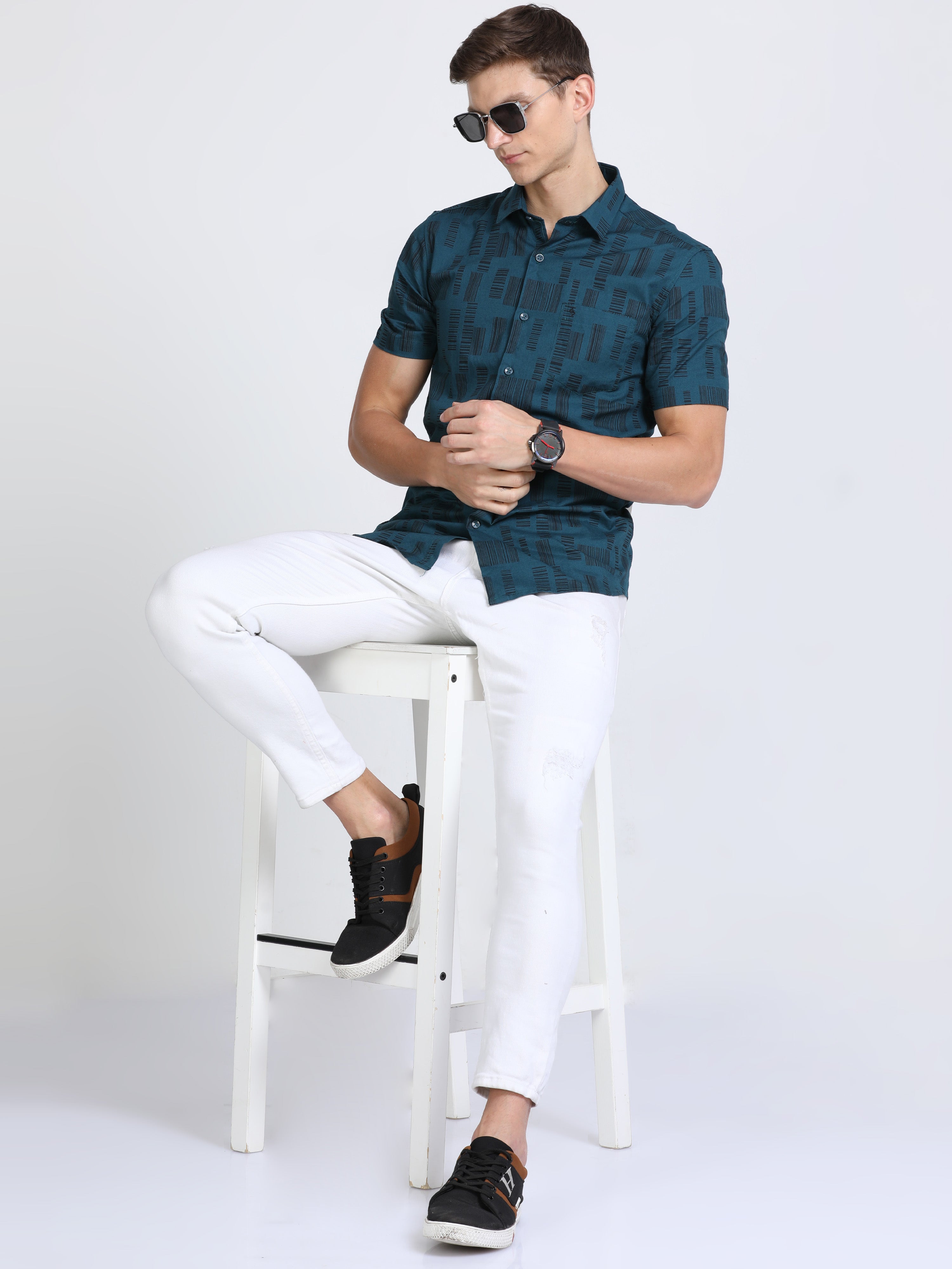 Classic Polo Mens Pure Cotton Half Sleeves Printed Slim Fit Polo Neck Dark Blue Color Woven Shirt | So2-162 B-Hs-Prt-Sf
