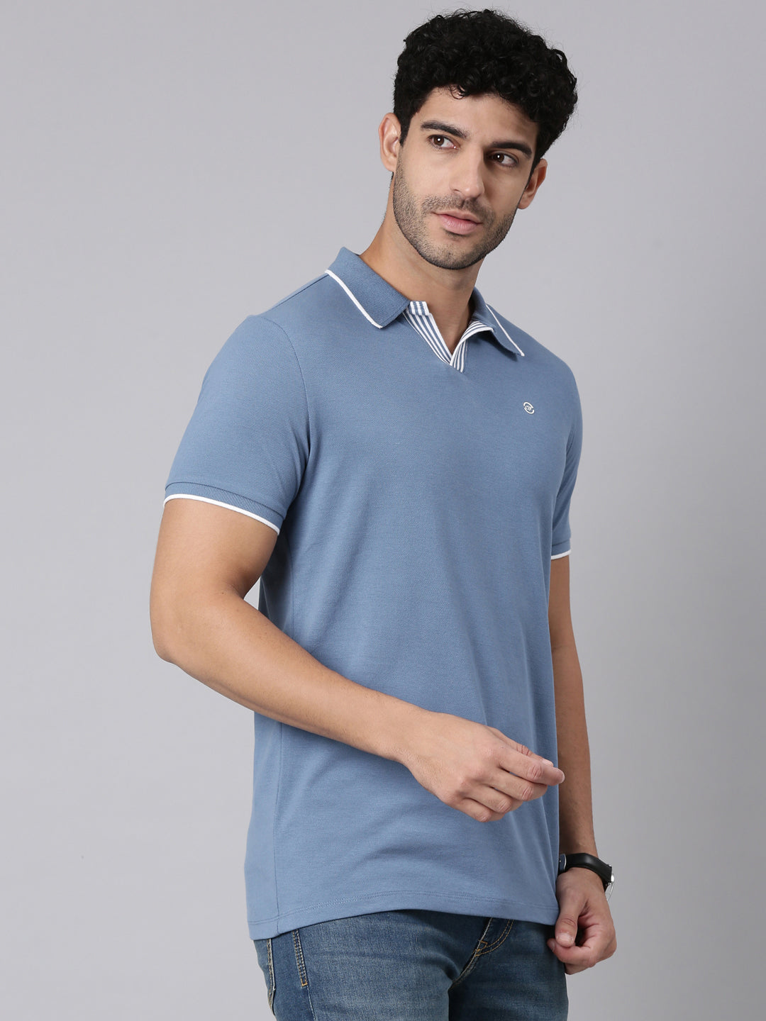 Classic Polo Men's Half Sleeve Steel Blue Polo Neck Slim Fit Solid Cotton Blend T-Shirt | RAVE POLO - 01 A SF P