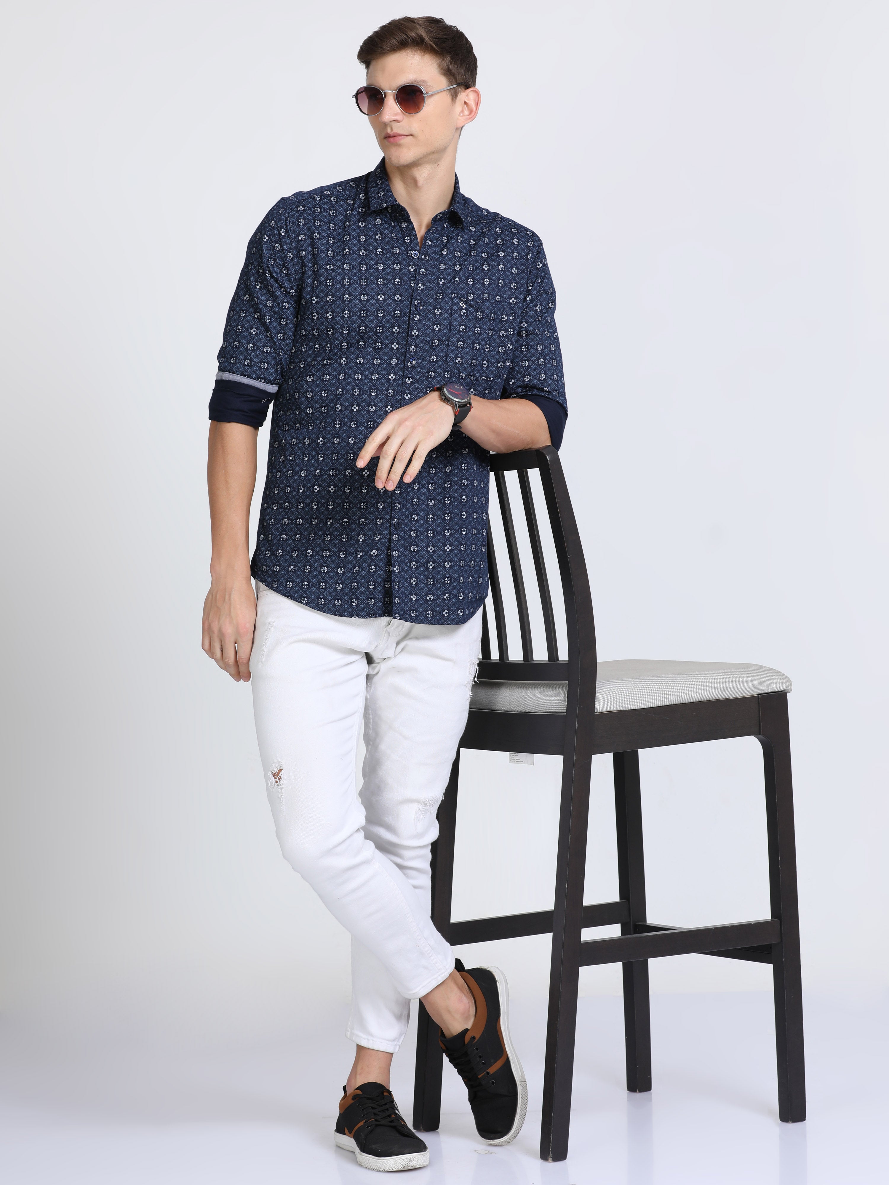 Classic Polo Mens Pure Cotton Full Sleeves Printed Slim Fit Polo Neck Dark Navy Color Woven Shirt | So2-170 A-Fs-Prt-Sf