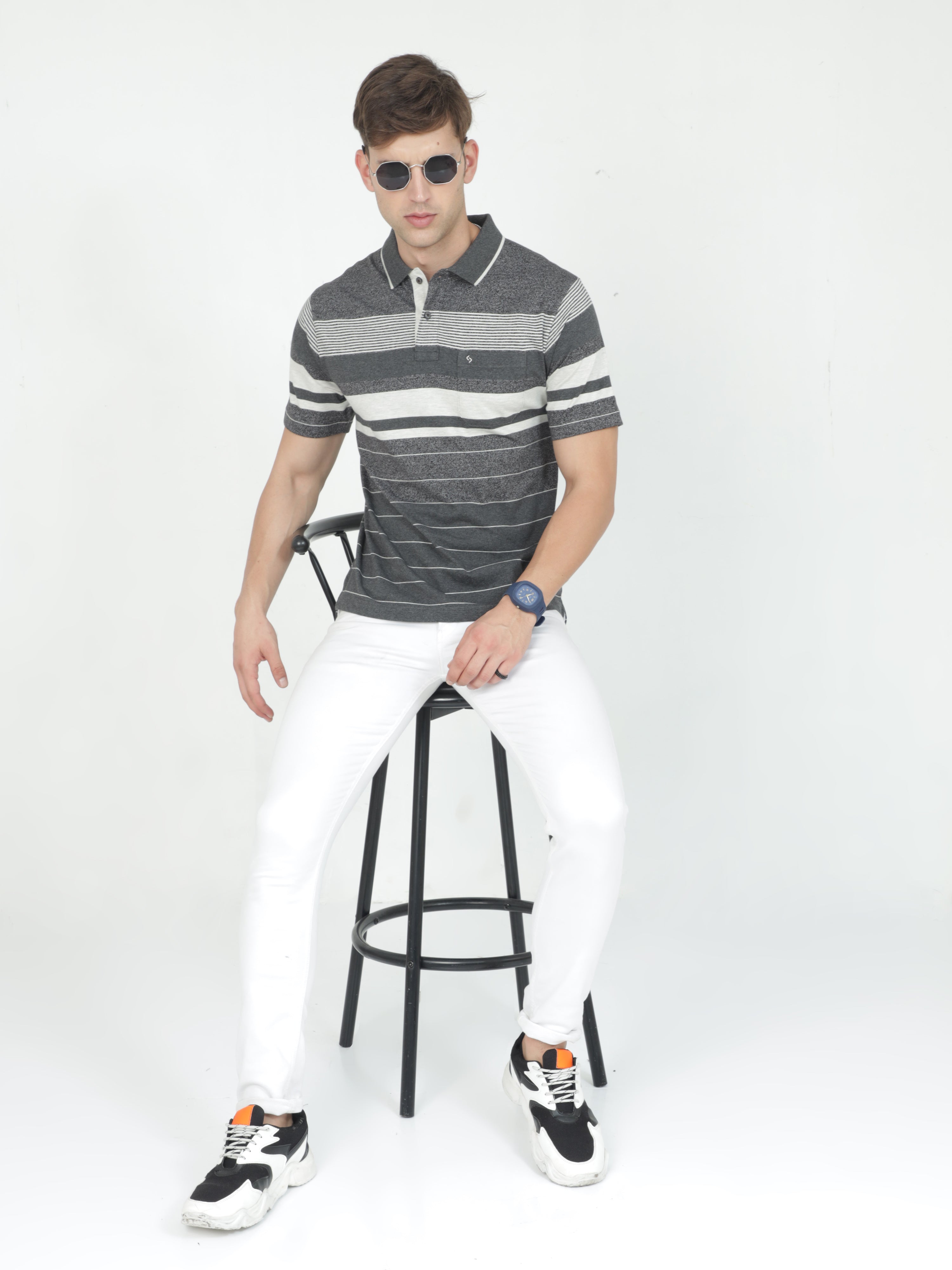 Classic Polo Mens Cotton Half Sleeves Striped Authentic Fit Polo Neck Grey Color T-Shirt | Mel - 245 B Af P