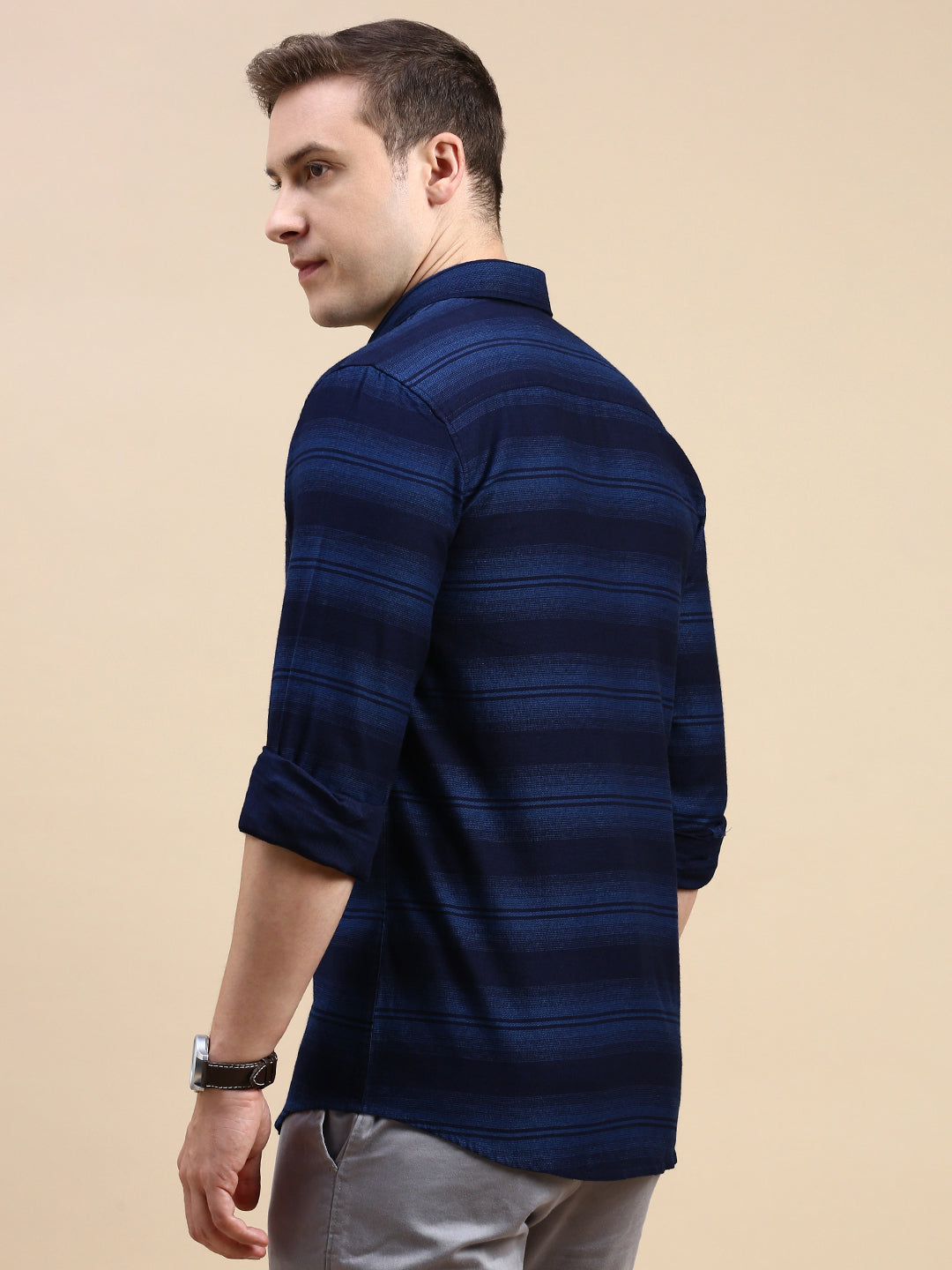CP BRO Men's Polo Neck Cotton Navy Blue Slim Fit Striped Shirt | SBO2-36A-FS-STR-BSL