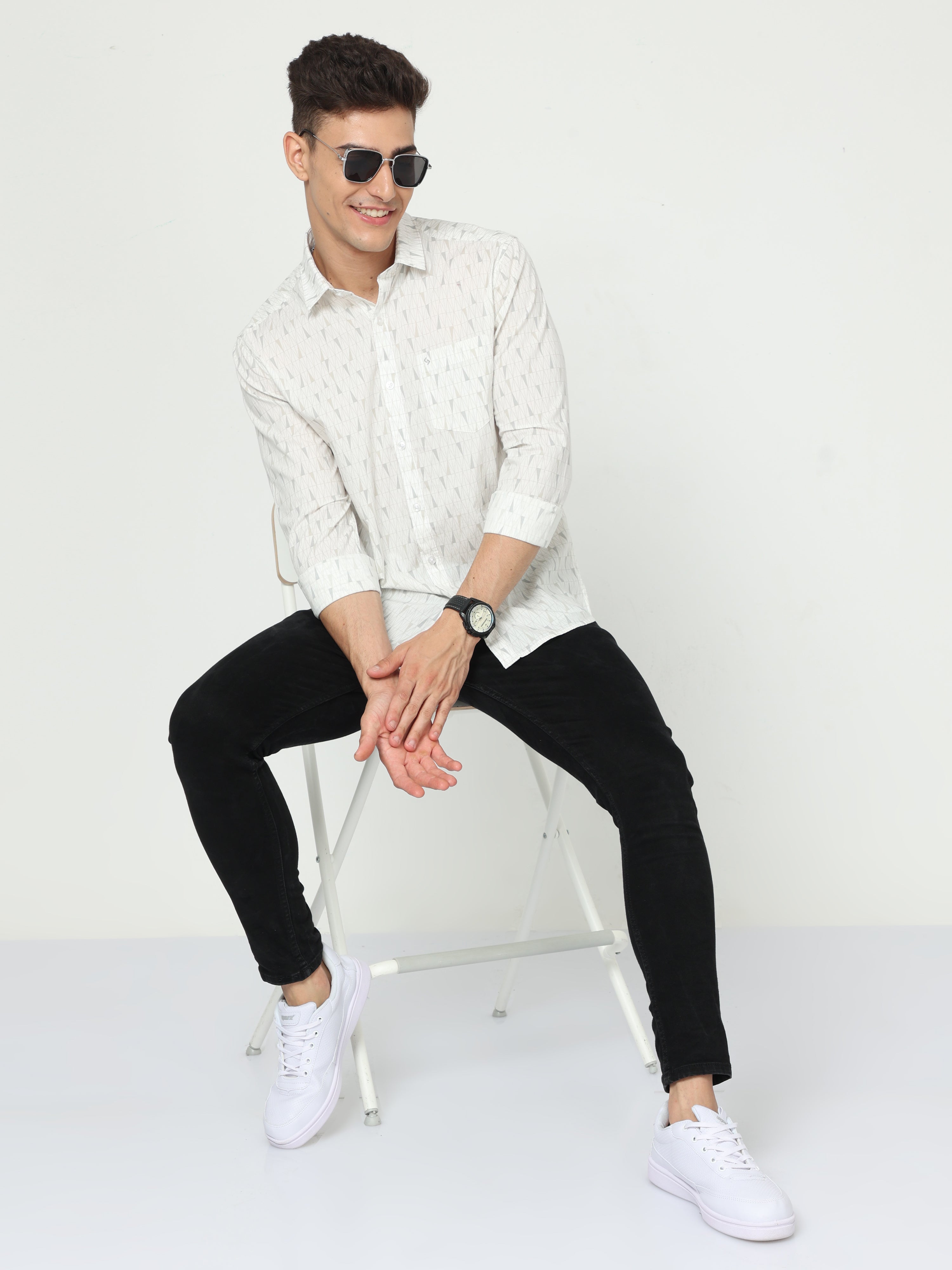 Classic Polo Men's Cotton Full Sleeve Printed Slim Fit Polo Neck White Color Woven Shirt | So1-150 A