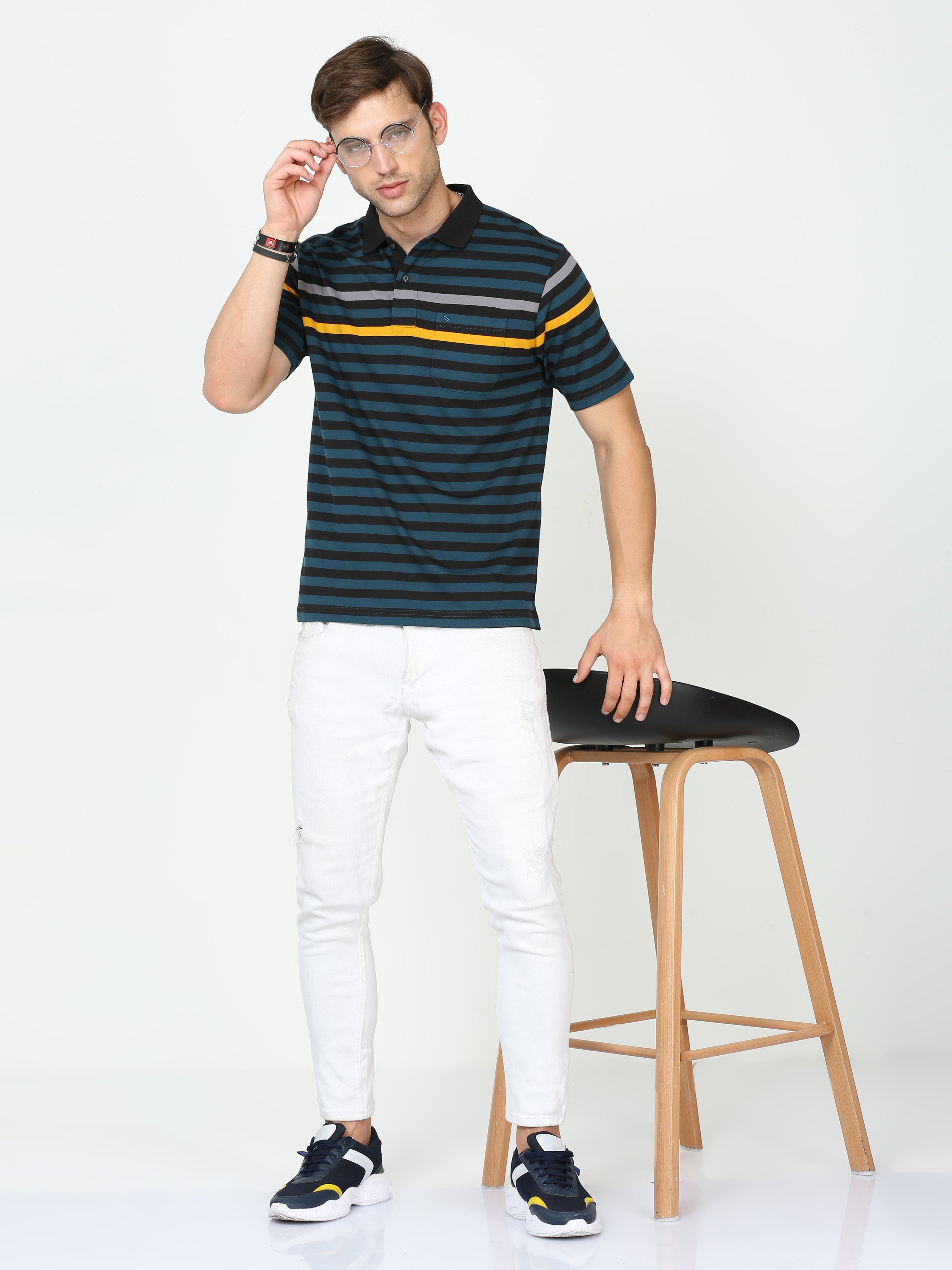 Classic Polo Mens Cotton Half Sleeves Striped Authentic Fit Polo Neck Black Color T-Shirt | Avon - 550 B Af P