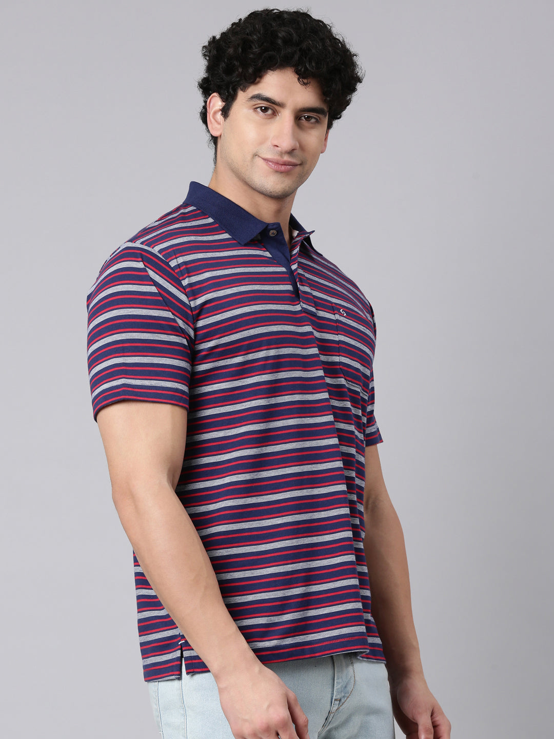 Classic Polo Men's Half Sleeve Navy/Red Polo Neck Authentic Fit Striped Cotton Blend T-Shirt | FEEDERS - 314 A AF P