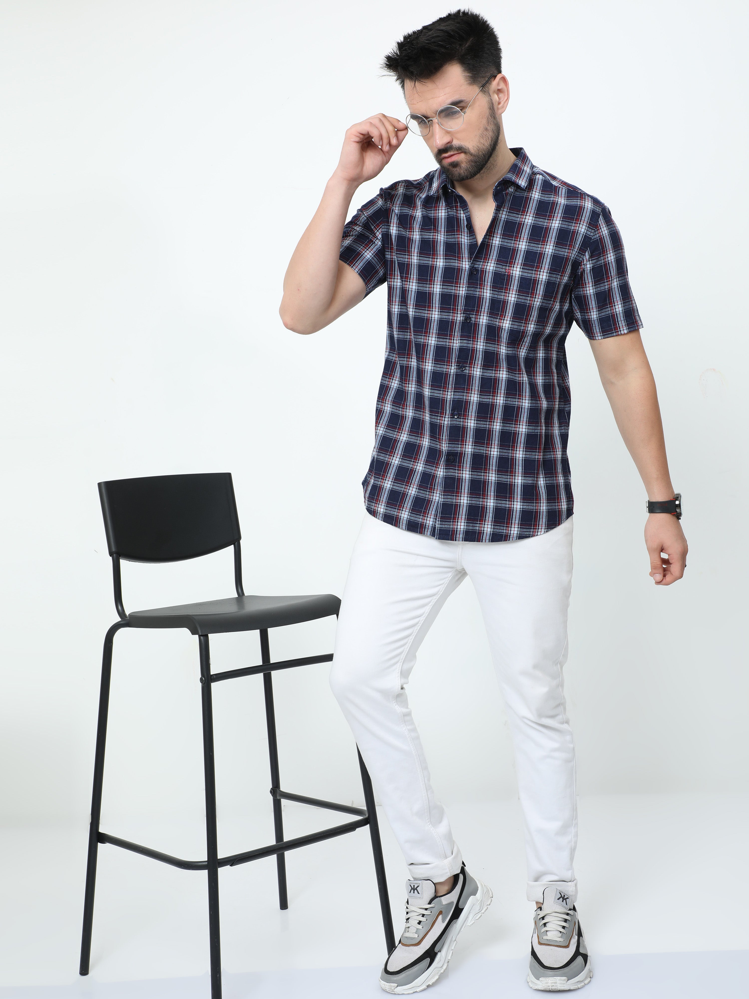 Classic Polo Mens Pure Cotton Half Sleeves Checked Slim Fit Polo Neck Multi Color Woven Shirt | So2-175 B-Hs-Chk-Sf