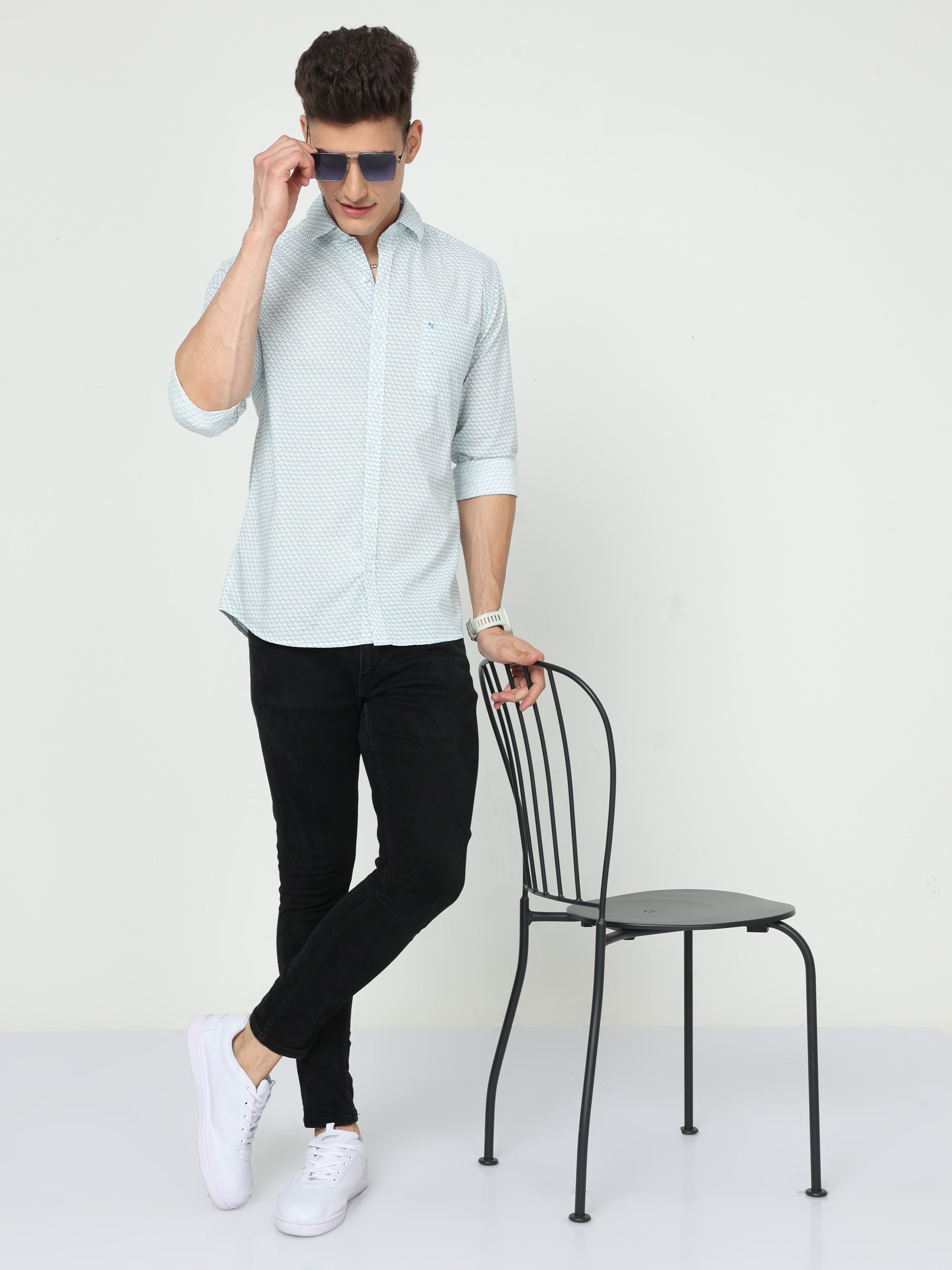 Classic Polo Men's Cotton Full Sleeve Printed Slim Fit Polo Neck Light Blue Color Woven Shirt | So1-147 B