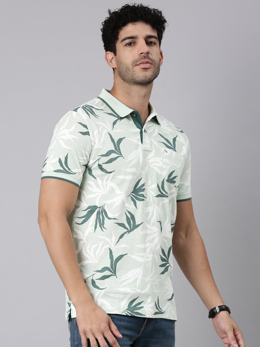 Classic Polo Men's Half Sleeve Light Green Polo Neck Slim Fit All-Over Print Cotton T-Shirt | BEAU - 313 B SF P