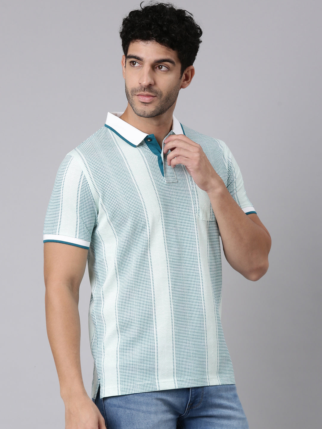 Classic Polo Men's Half Sleeve White/Teal Polo Neck Slim Fit All-Over Print Cotton T-Shirt | BEAU - 302 A SF P