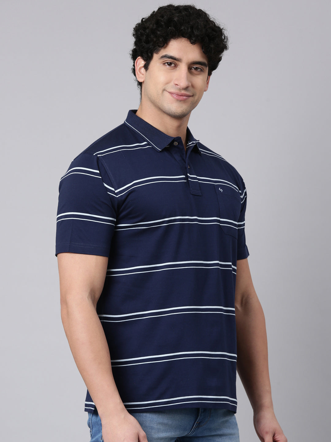 Classic Polo Men's Half Sleeve Navy Blue/White Polo Neck Authentic Fit Striped Cotton T-Shirt | AP - 160 A AF P