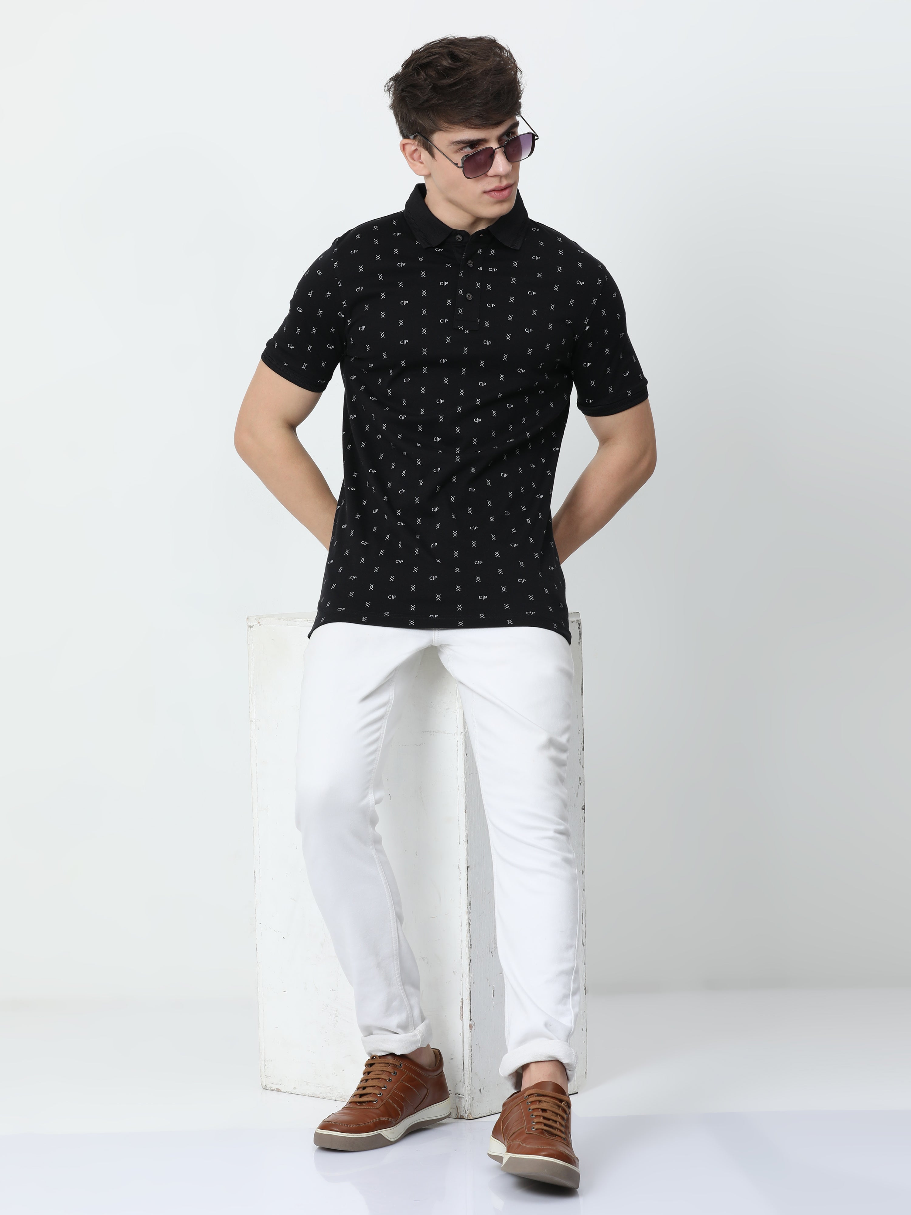 Classic Polo Mens Cotton Half Sleeves Printed Slim Fit Polo Neck Black Color T-Shirt | Prm - 788 A Sf P