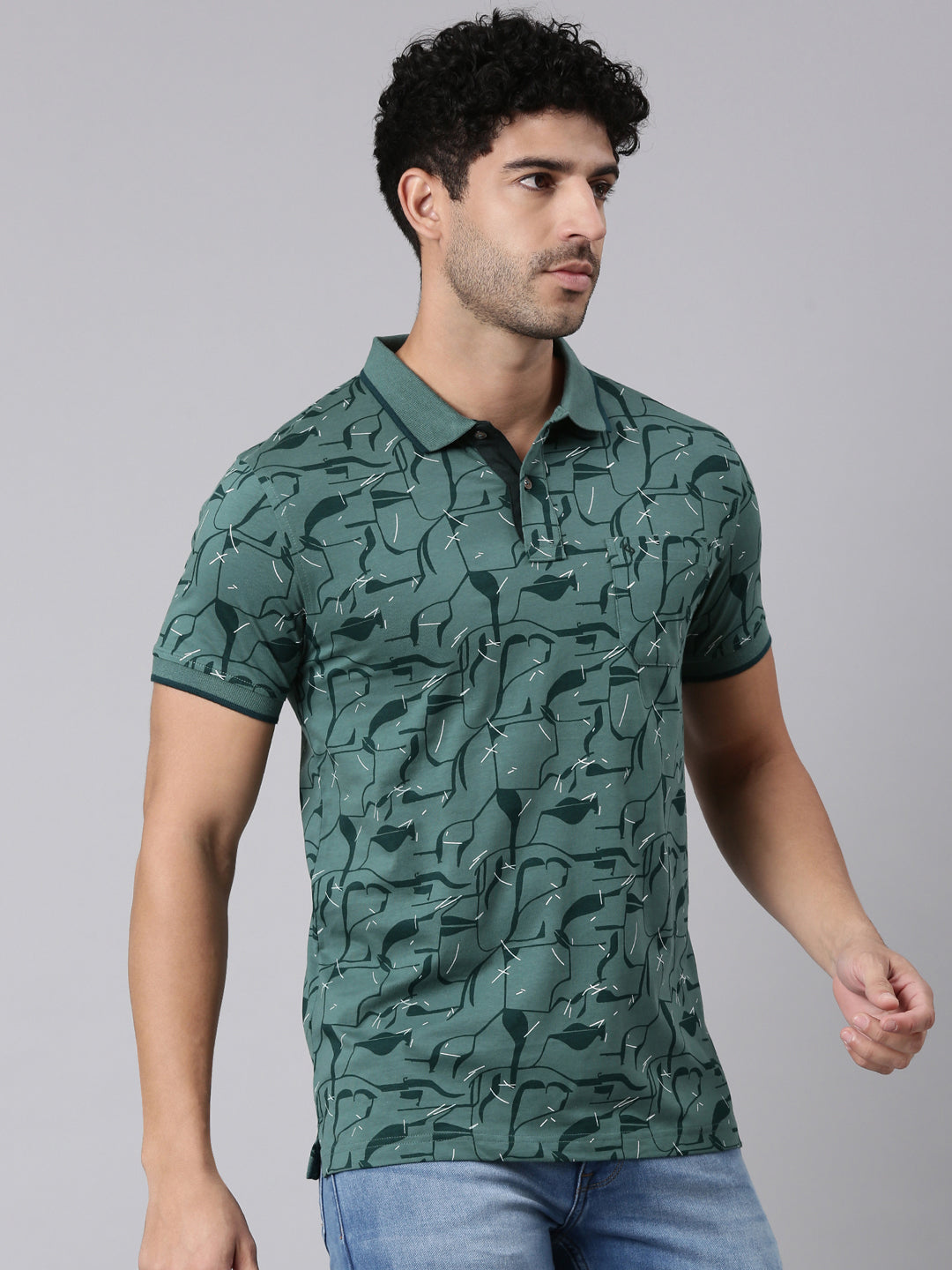 Classic Polo Men's Half Sleeve Dark Green Polo Neck Slim Fit All-Over Print Cotton T-Shirt | BELLO - 407 B SF P