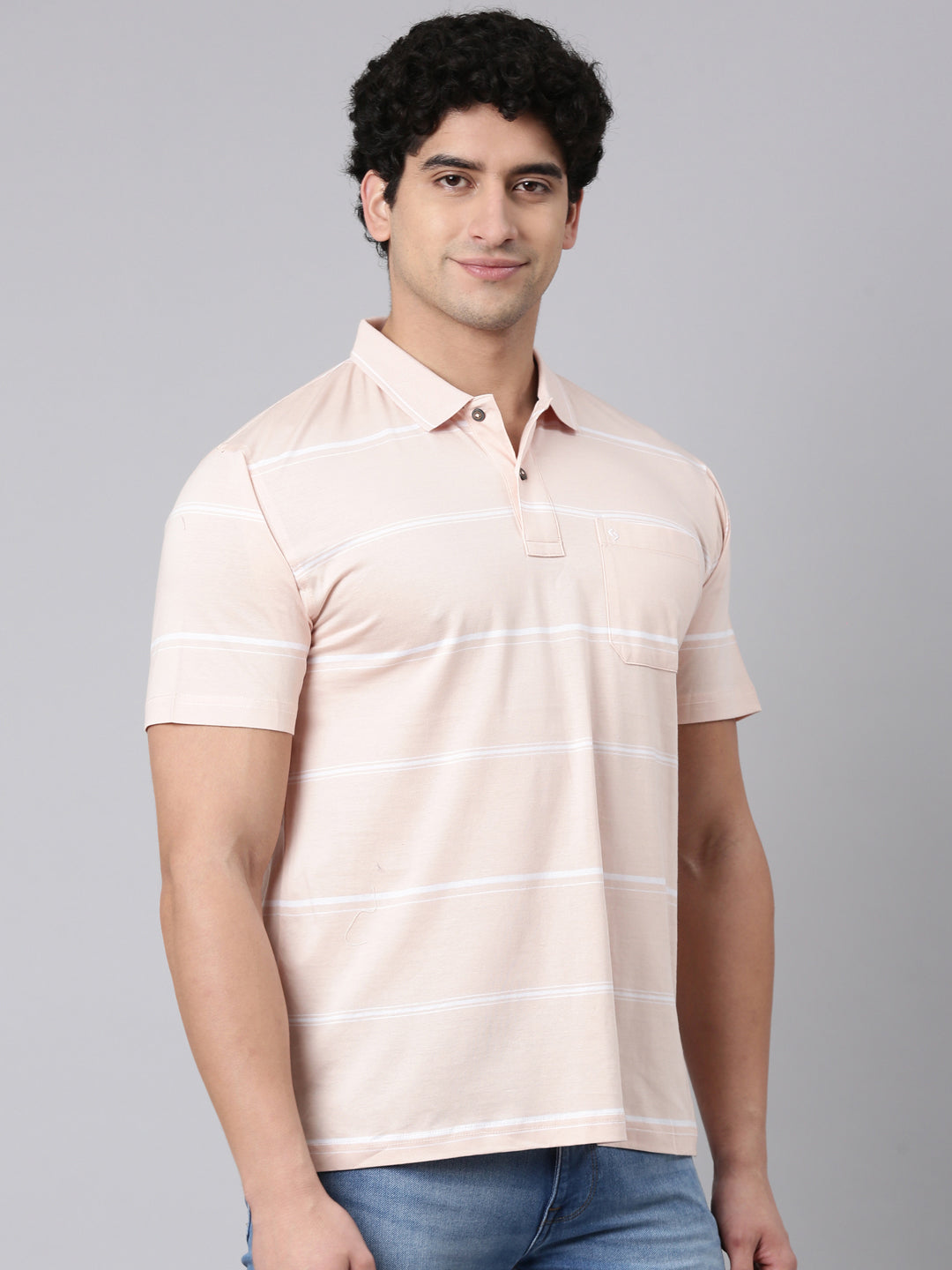 Classic Polo Men's Half Sleeve Light Peach Polo Neck Authentic Fit Striped Cotton T-Shirt | AP - 156 B AF P