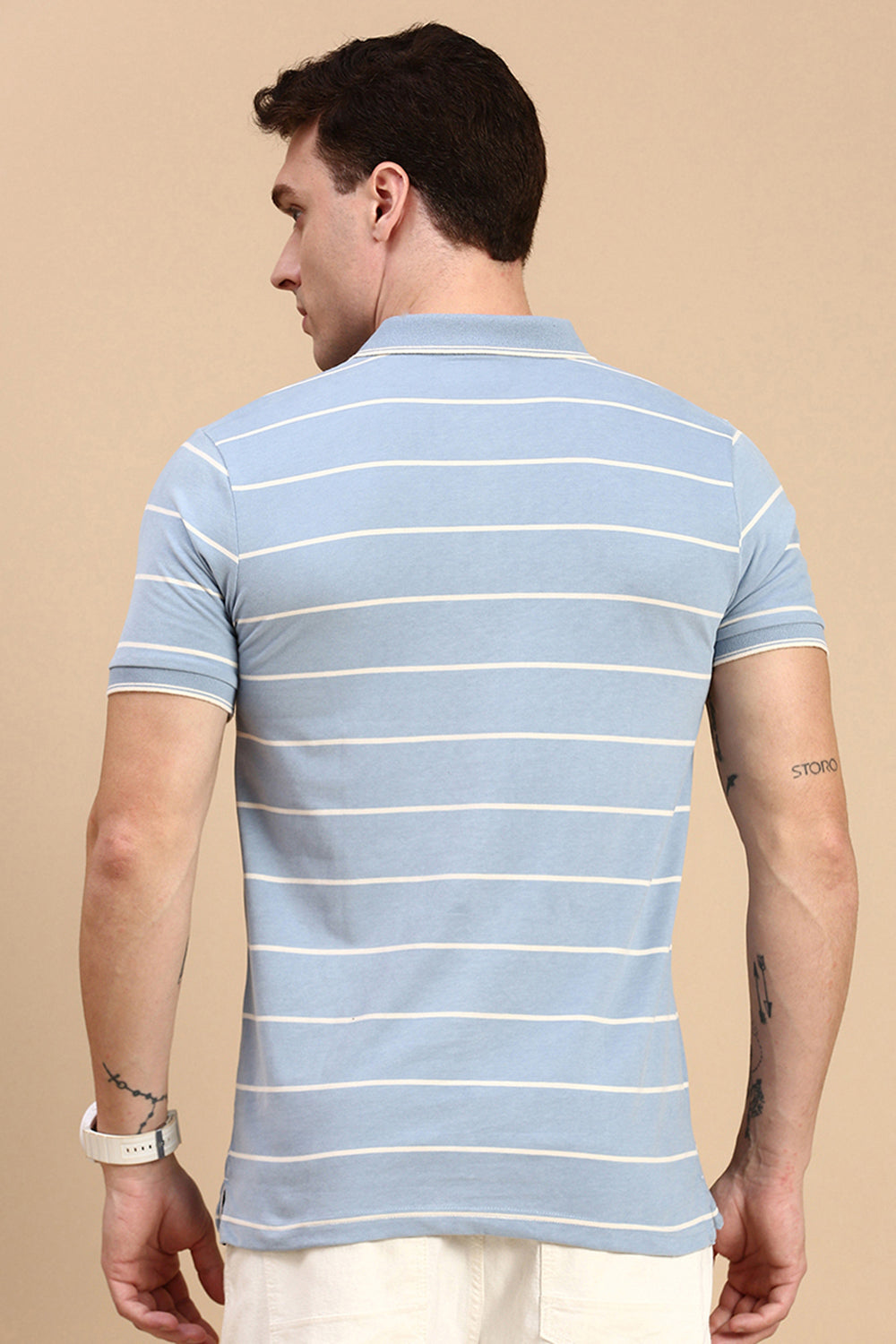Classic Polo Men's Half Sleeve Blue/White Polo Neck Slim Fit Striped T-Shirt | CPEG - 336 B SF P