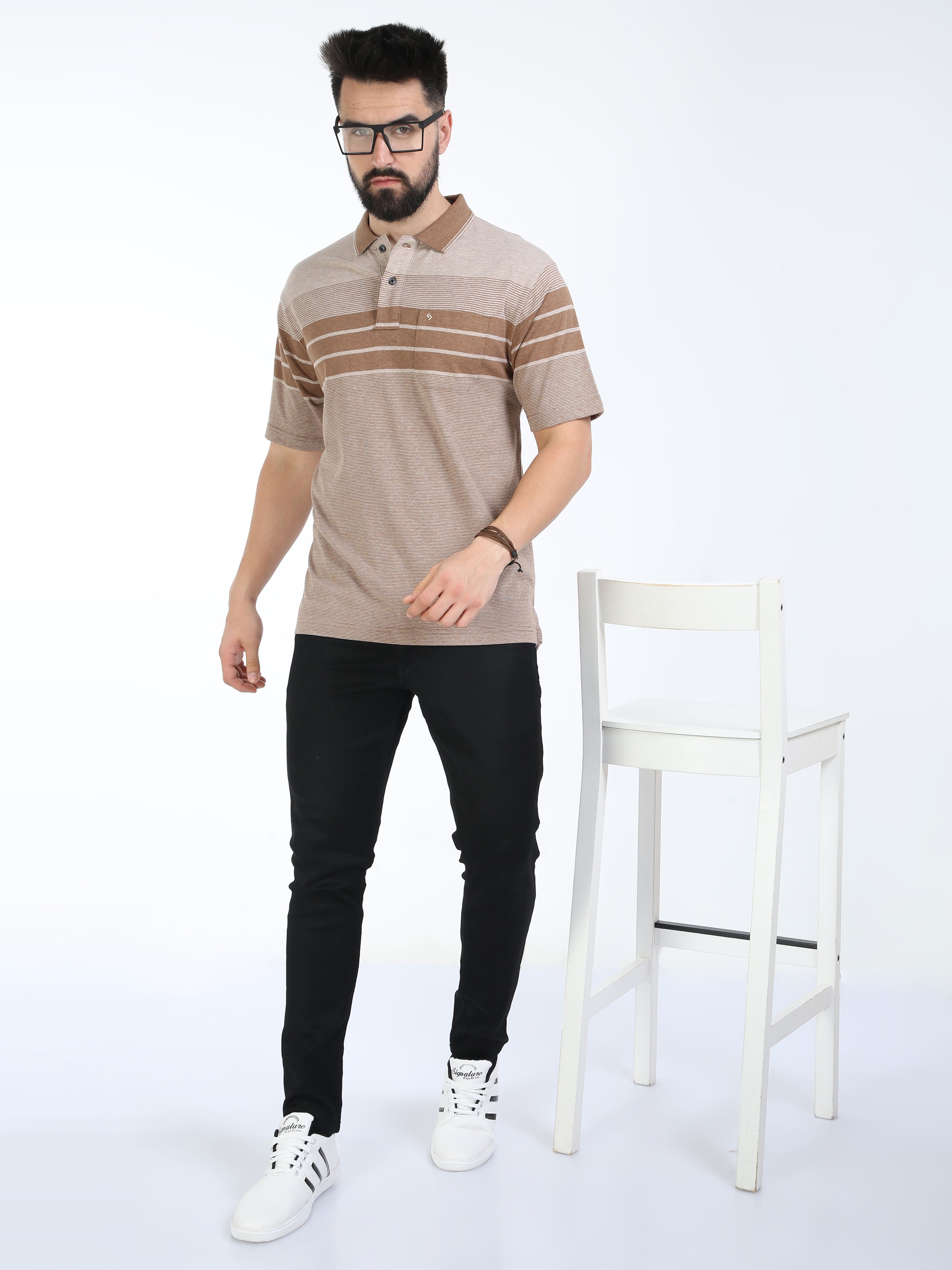 Classic Polo Mens Cotton Half Sleeves Striped Authentic Fit Polo Neck Cream Color T-Shirt | Mel - 242 B Af P
