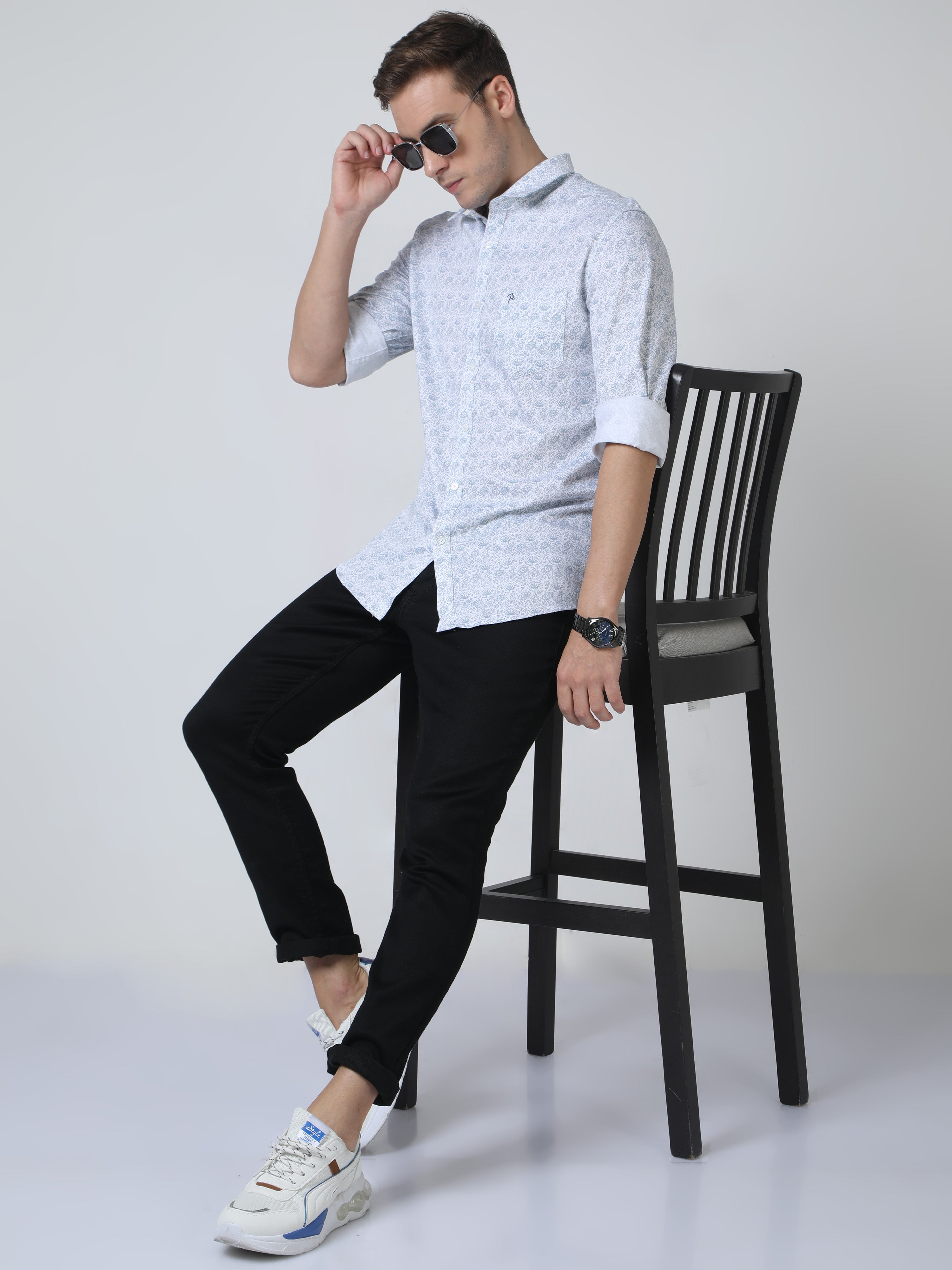 CP BRO Mens Pure Cotton Full Sleeves Printed Slim Fit Polo Neck Aqua Blue Color Woven Shirt | Sbo2-21 A-Fs-Prt-Bsl