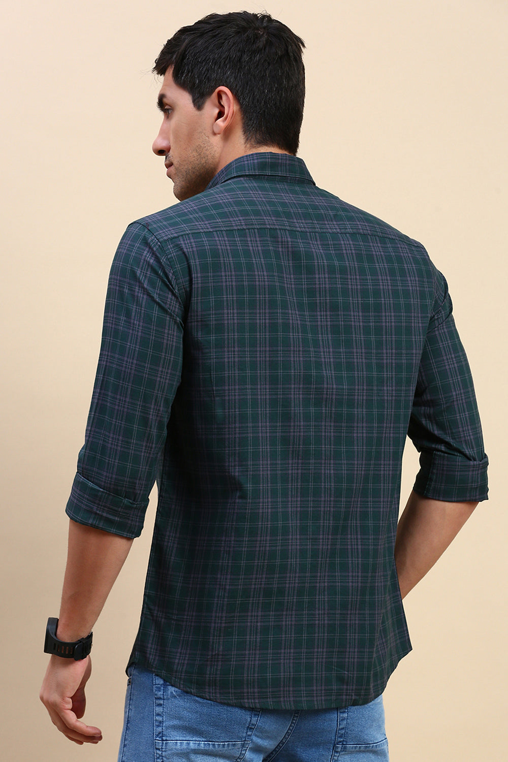 Classic Polo Men's Full Sleeve Dark Green Polo Neck Slim Fit Checked Shirt | SP2-CL-78 A-FS-CHK-SF