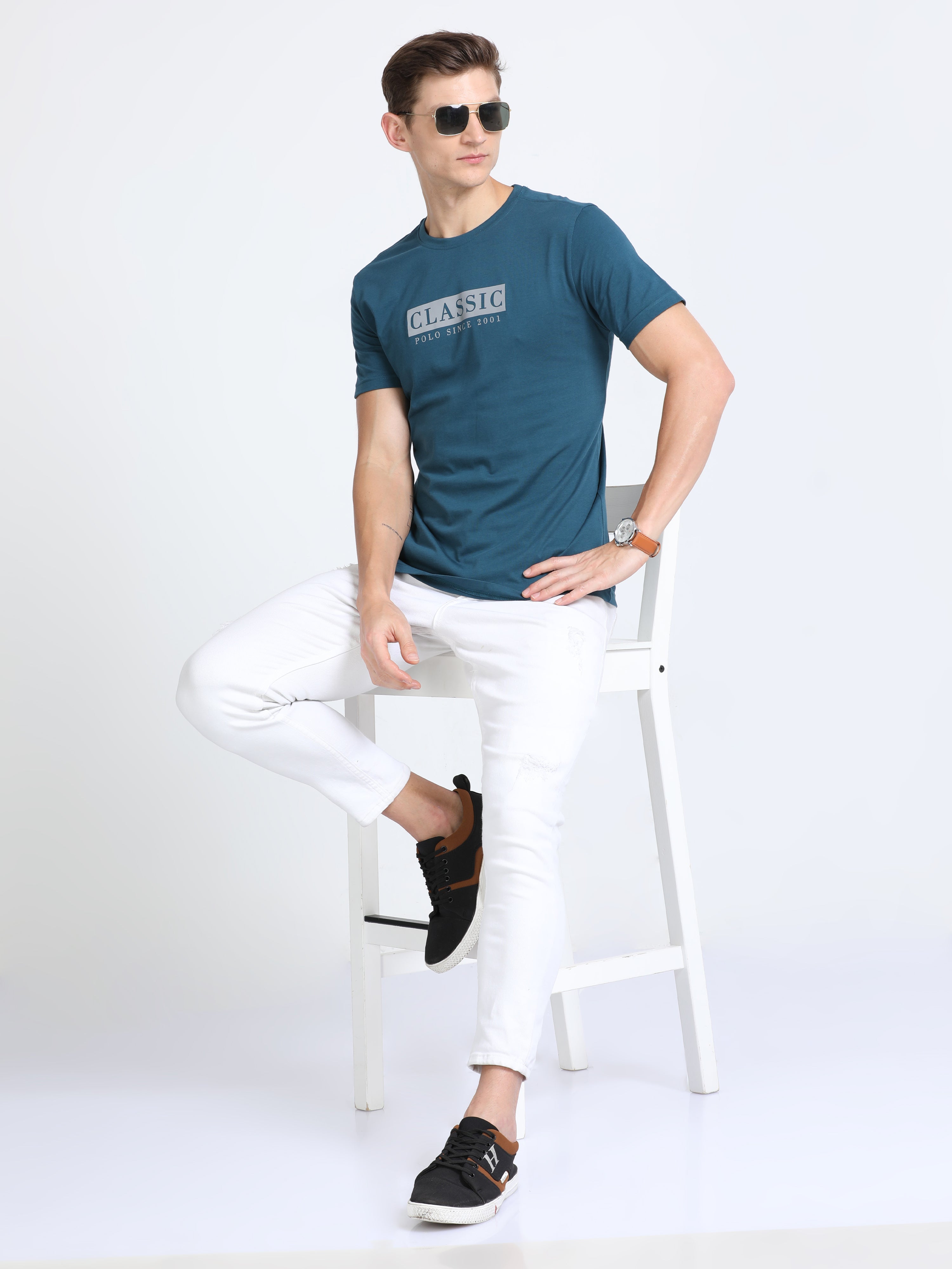 Classic Polo Mens Cotton Half Sleeves Printed Slim Fit Crew Neck Blue Color T-Shirt | Baleno - 564 B Sf C