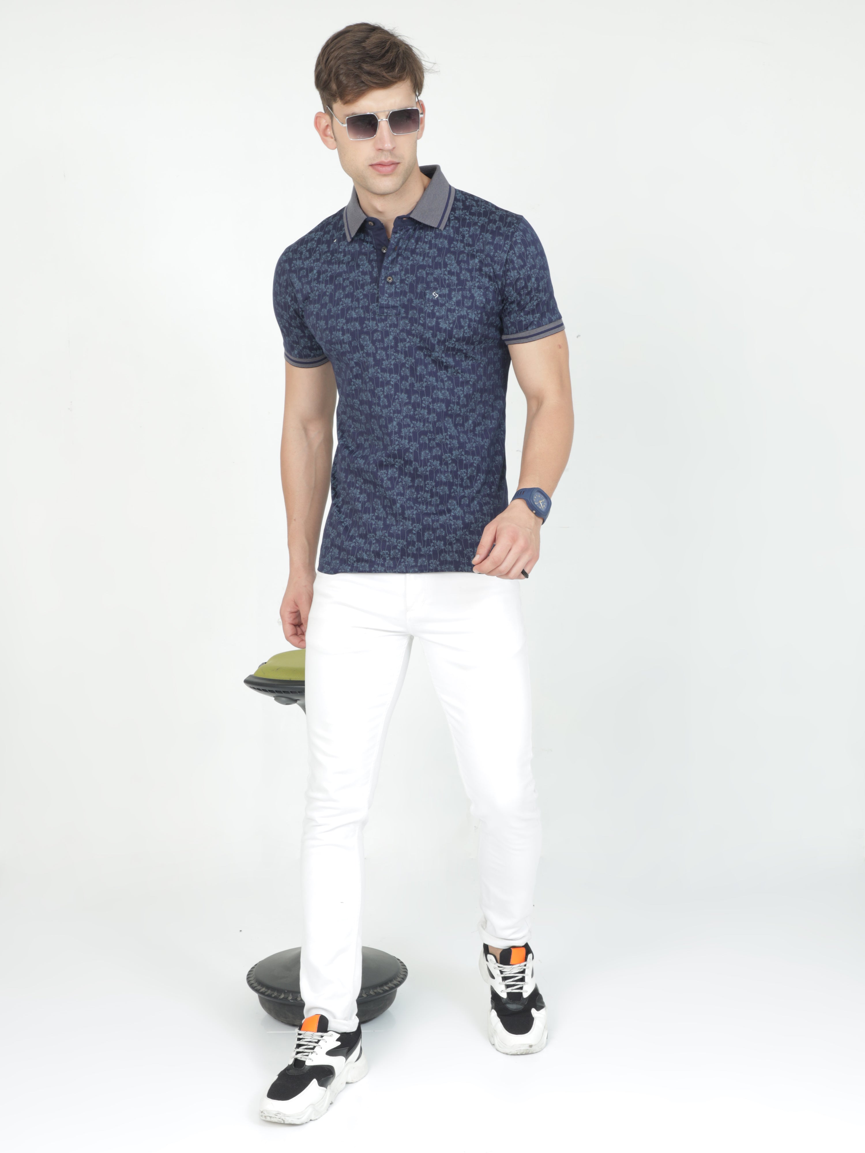 Classic Polo Mens Cotton Half Sleeves Floral Slim Fit Polo Neck Blue Color T-Shirt | Scant - 33 B Sf P