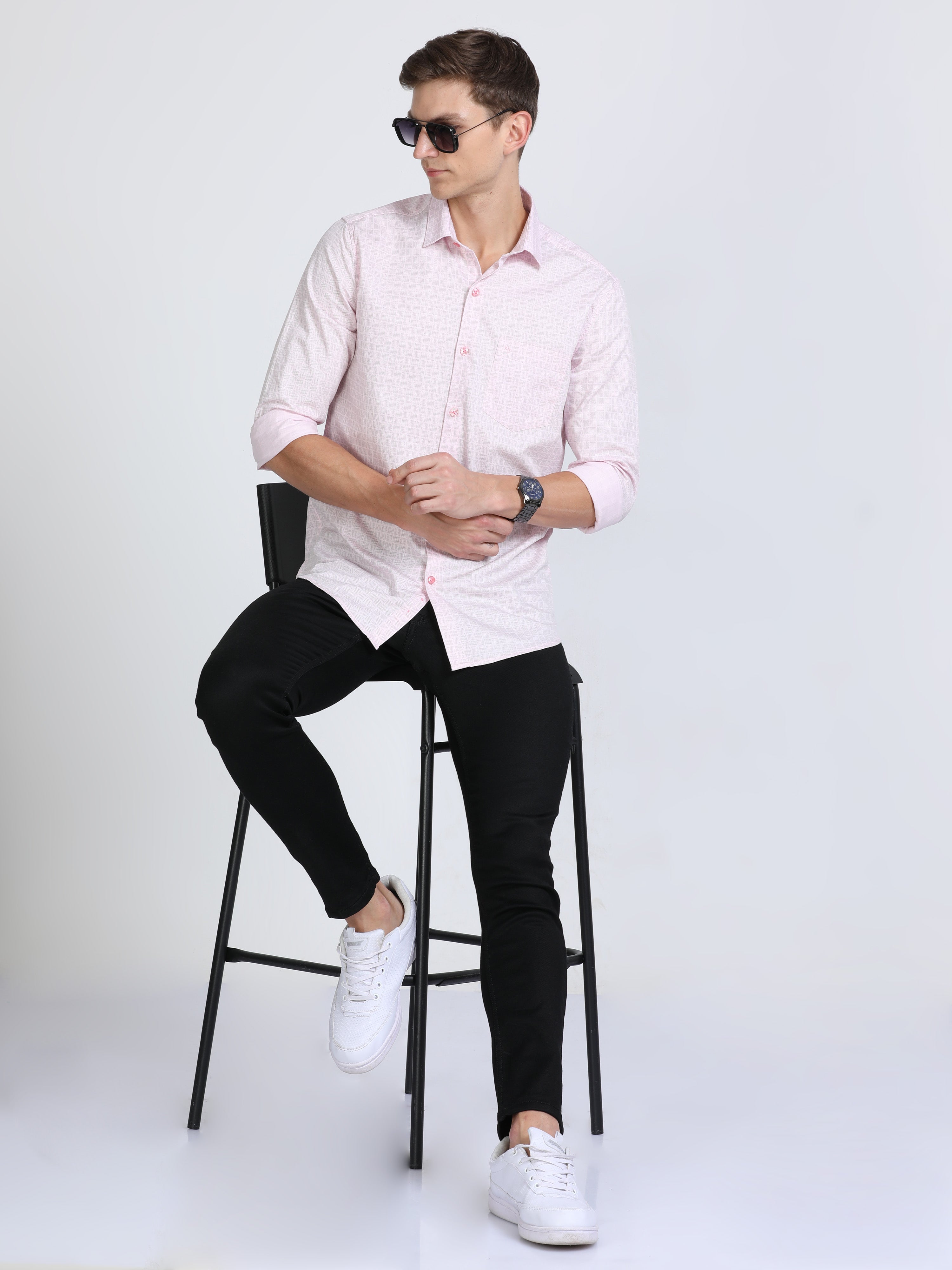 Classic Polo Mens Pure Cotton Full Sleeves Printed Slim Fit Polo Neck Pink Color Woven Shirt | So2-161 B-Fs-Prt-Sf