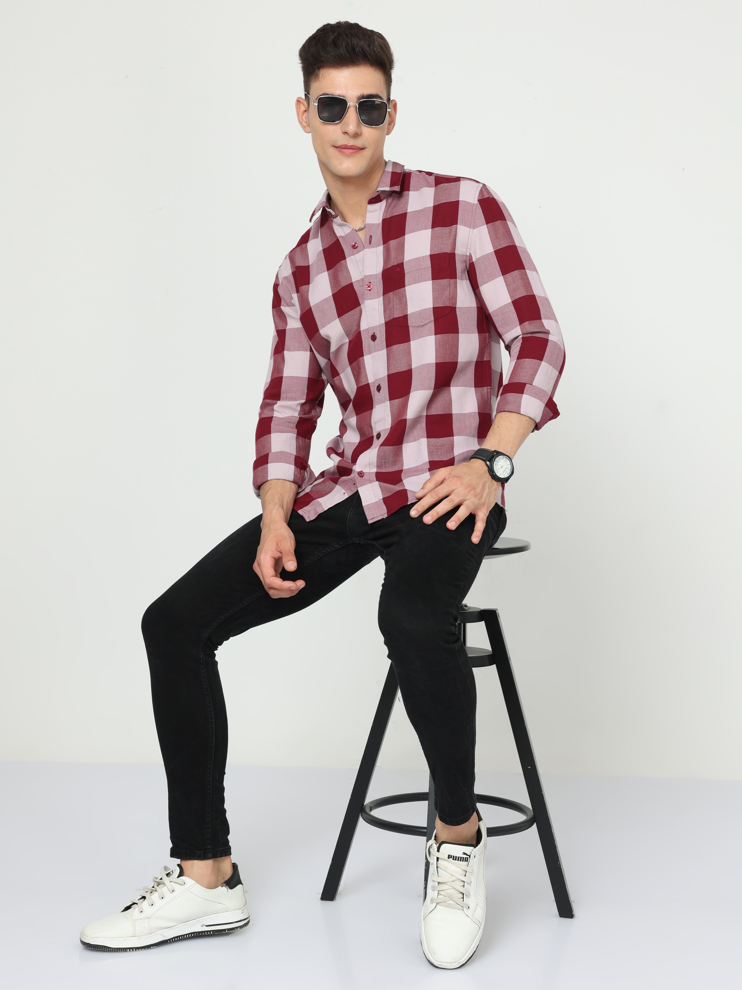Classic Polo Mens Cotton Full Sleeve Checked Slim Fit Polo Neck Maroon Color Woven Shirt | SO1-156 A-FS-CHK