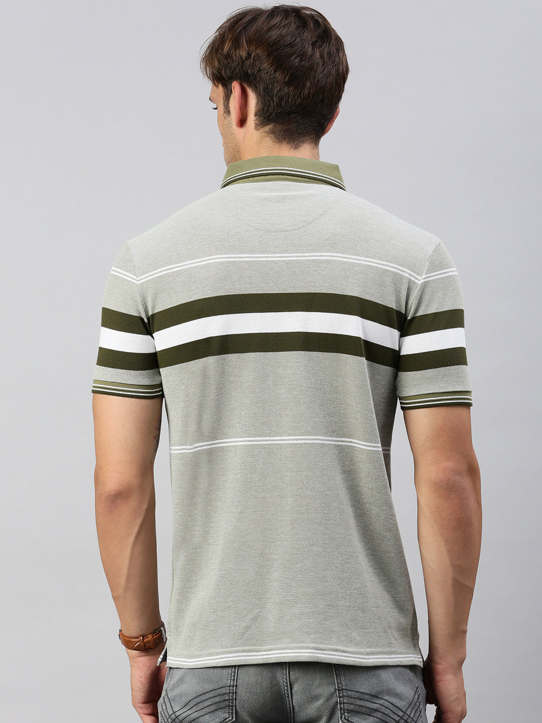 Classic Polo Men's Half Sleeve Grey/Olive Polo Neck Slim Fit Striped T-Shirt | VTA - 285 A SF P