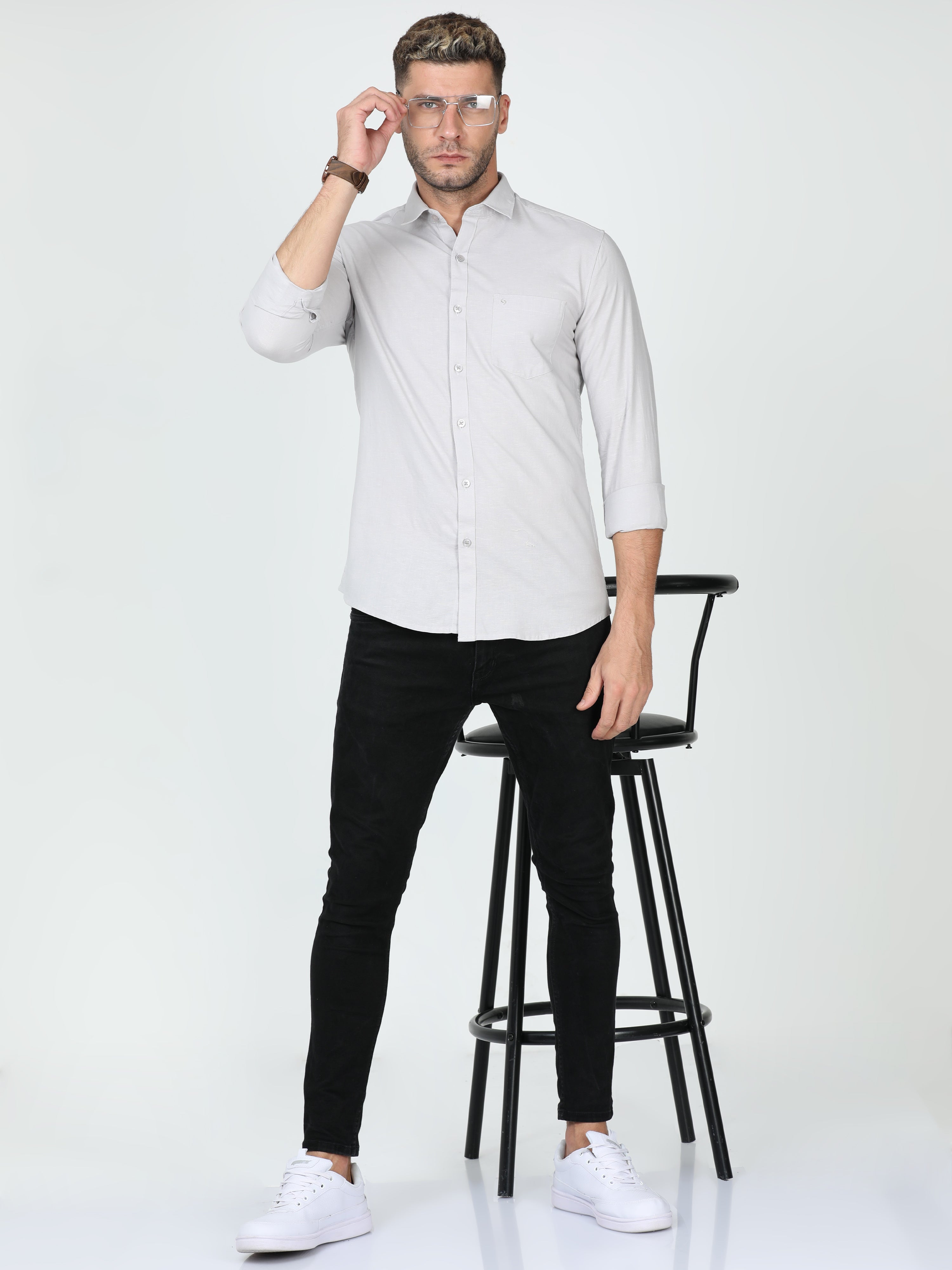 Classic Polo Mens Linen Cotton Full Sleeve Slim Fit Polo Neck Grey Color Woven Shirt | Linen - 26 A-FS-SLD-SF