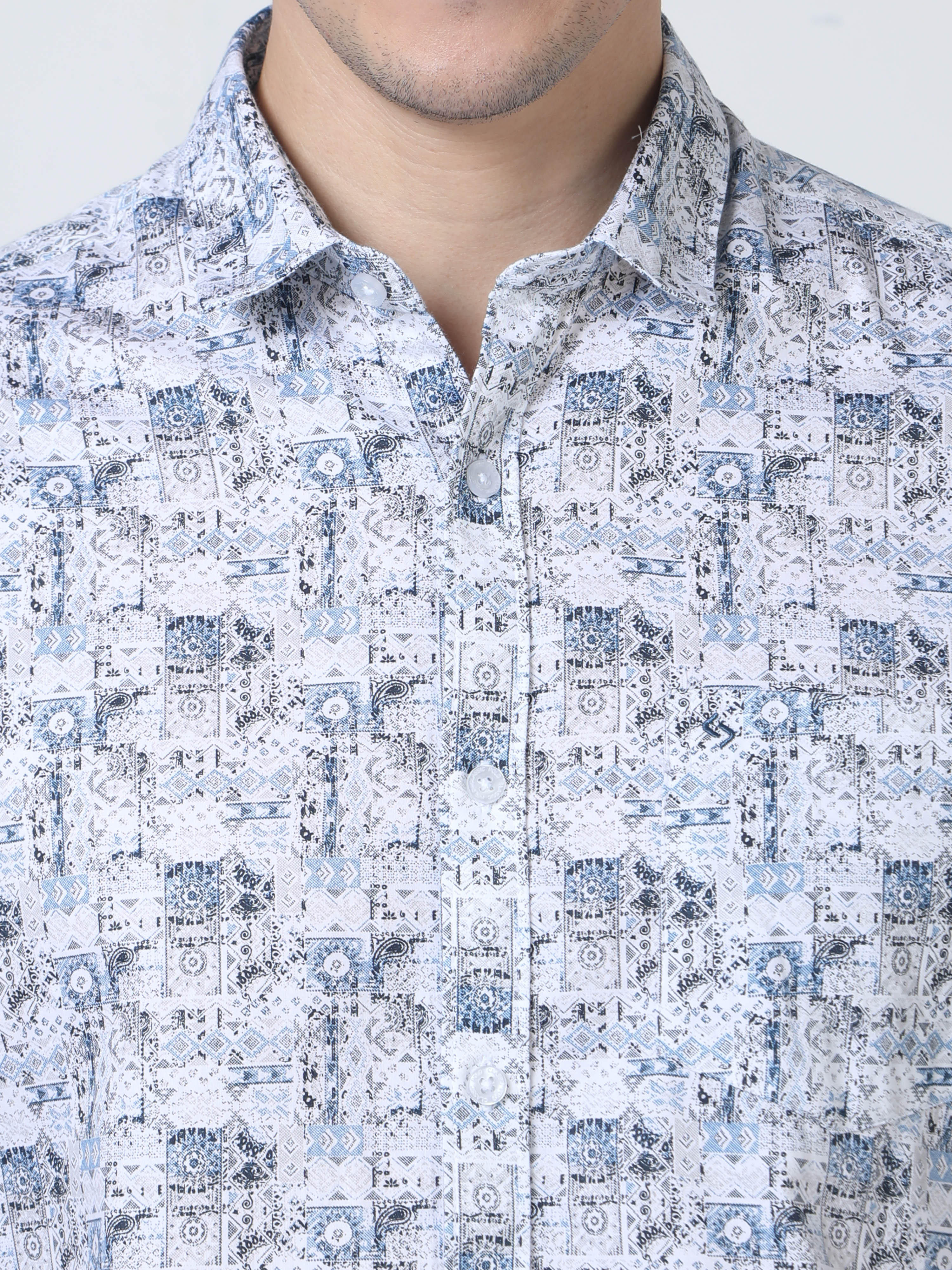 Classic Polo Mens Pure Cotton Full Sleeves Floral Slim Fit Polo Neck Blue Color Woven Shirt | So2-172 B-Fs-Prt-Sf