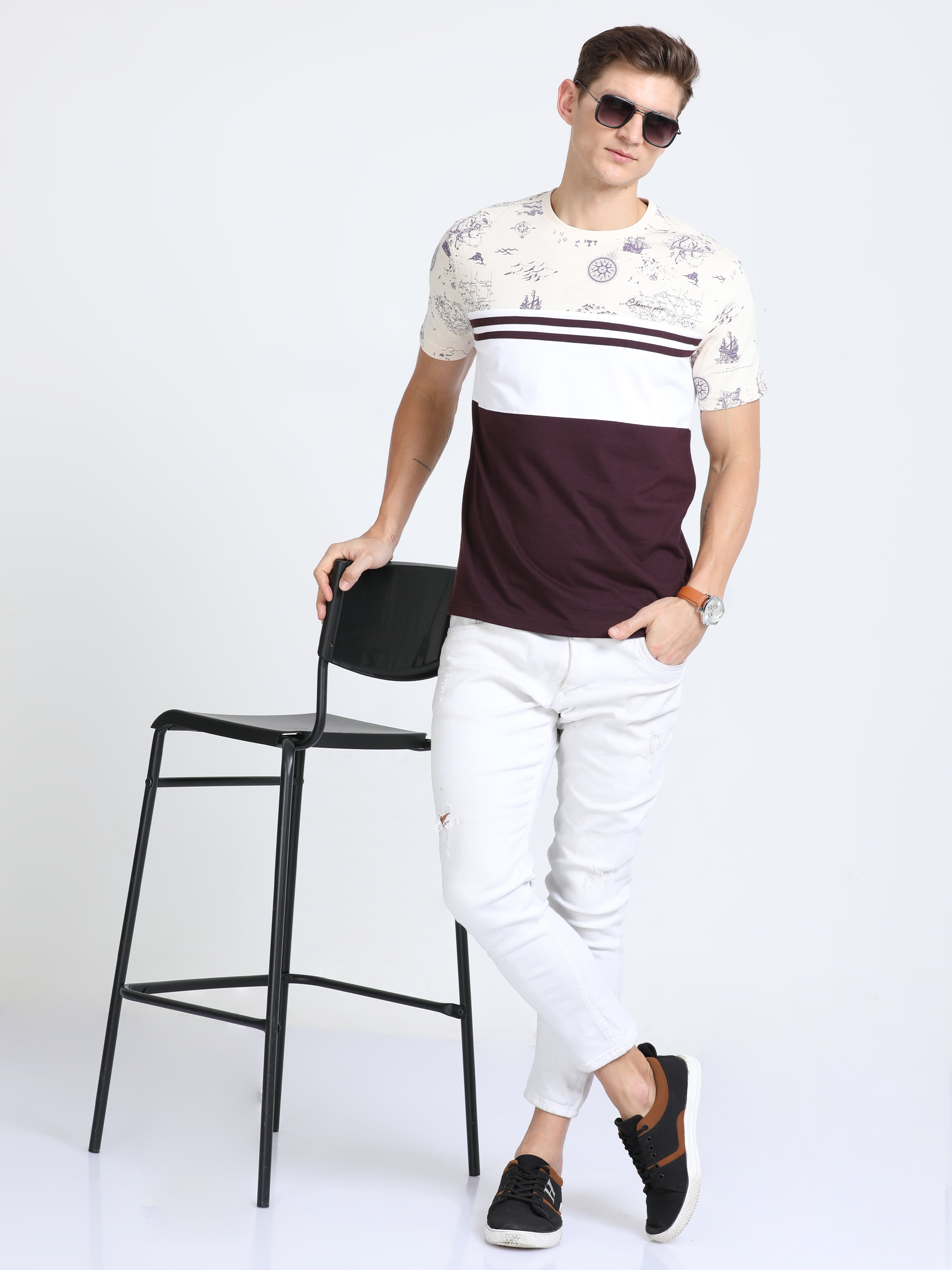 Classic Polo Mens Cotton Half Sleeves Color Blocked Slim Fit Crew Neck Purple Color T-Shirt | Baleno - 559 B Sf C