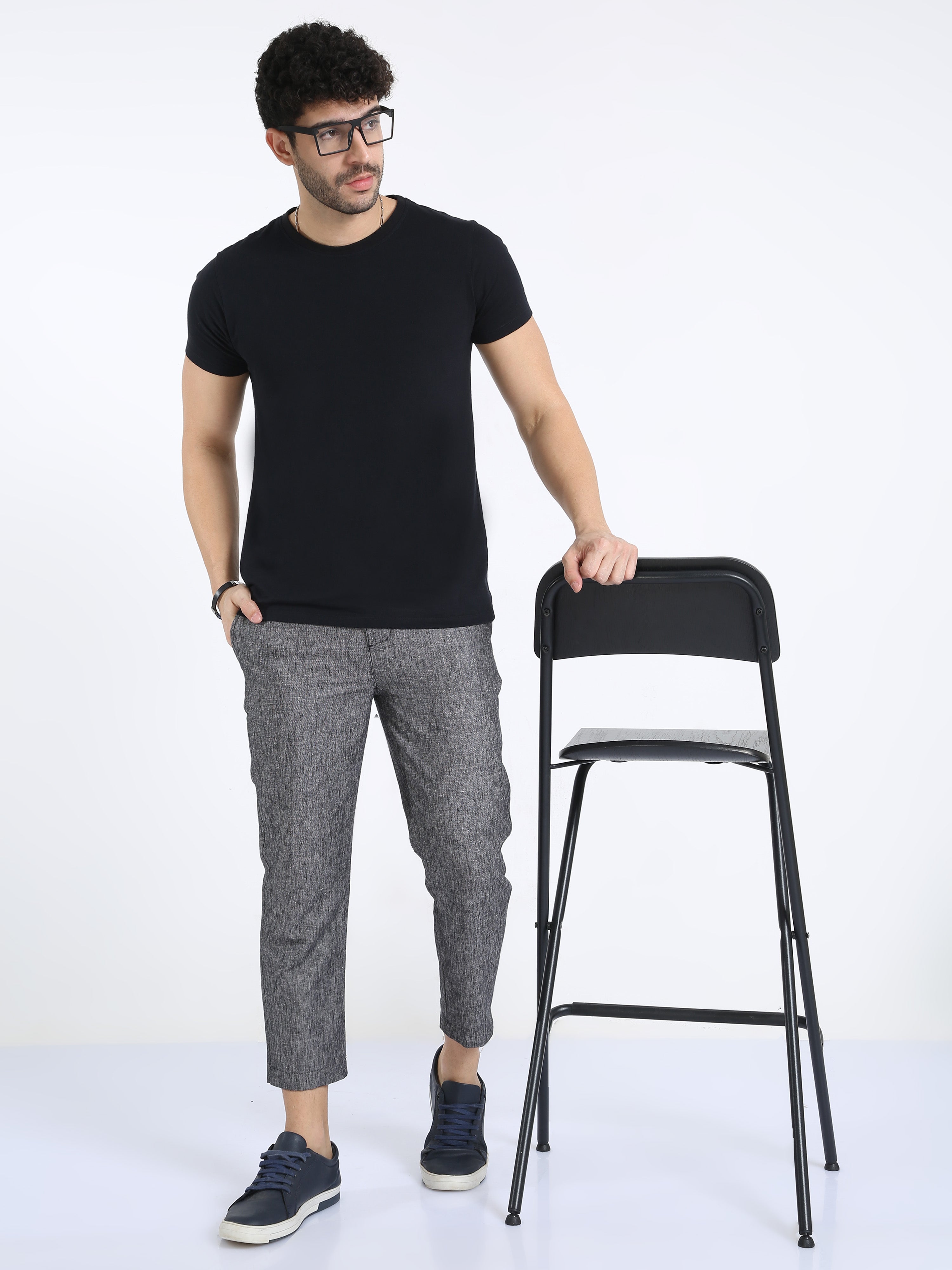 Classic Polo Mens Ankle Fit Solid Black Melange Color Trousers | To2-27 B-Blk-Al-Ly