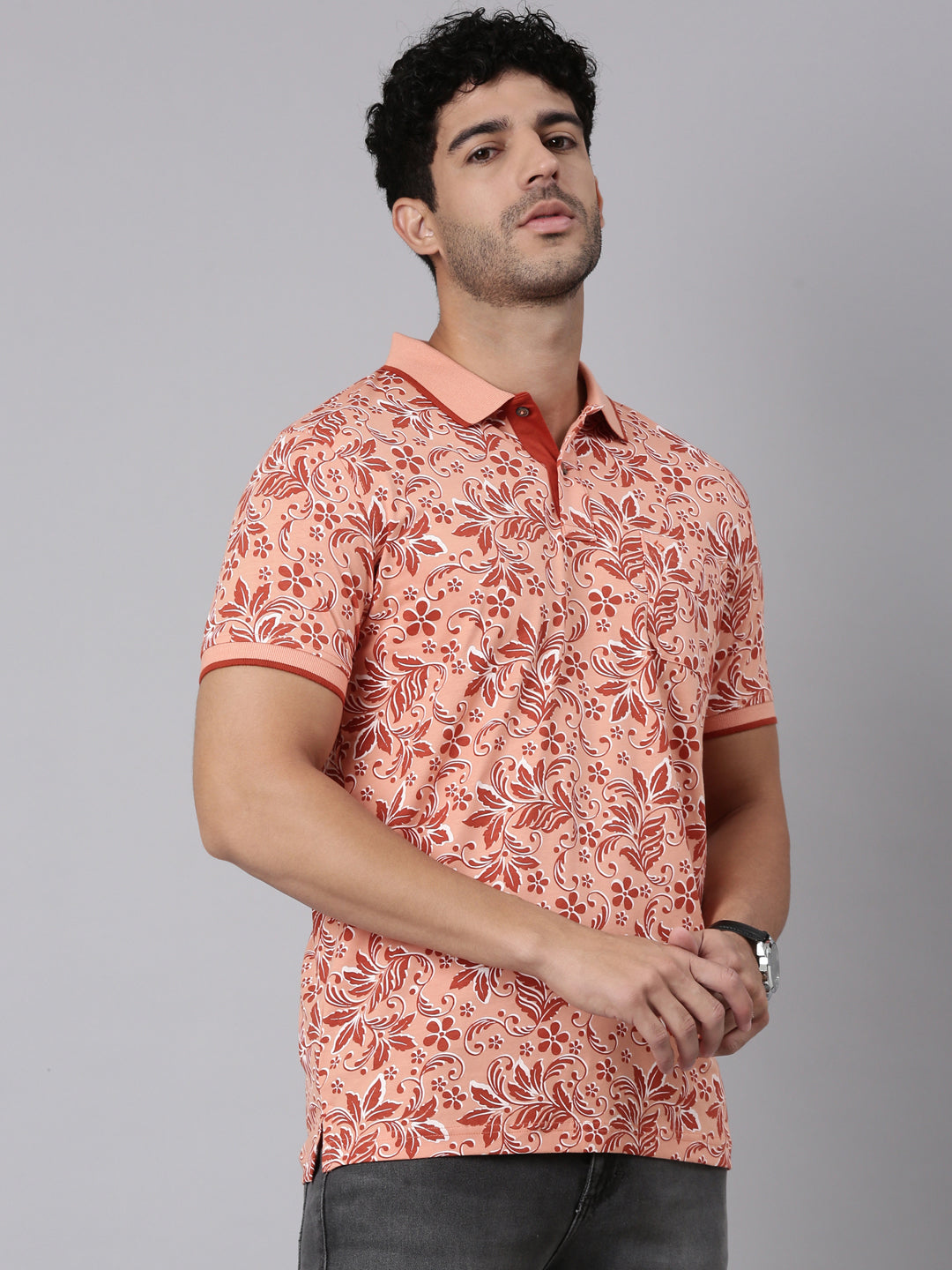 Classic Polo Men's Half Sleeve Dark Peach Polo Neck Slim Fit All-Over Print Cotton T-Shirt | BELLO - 402 B SF P