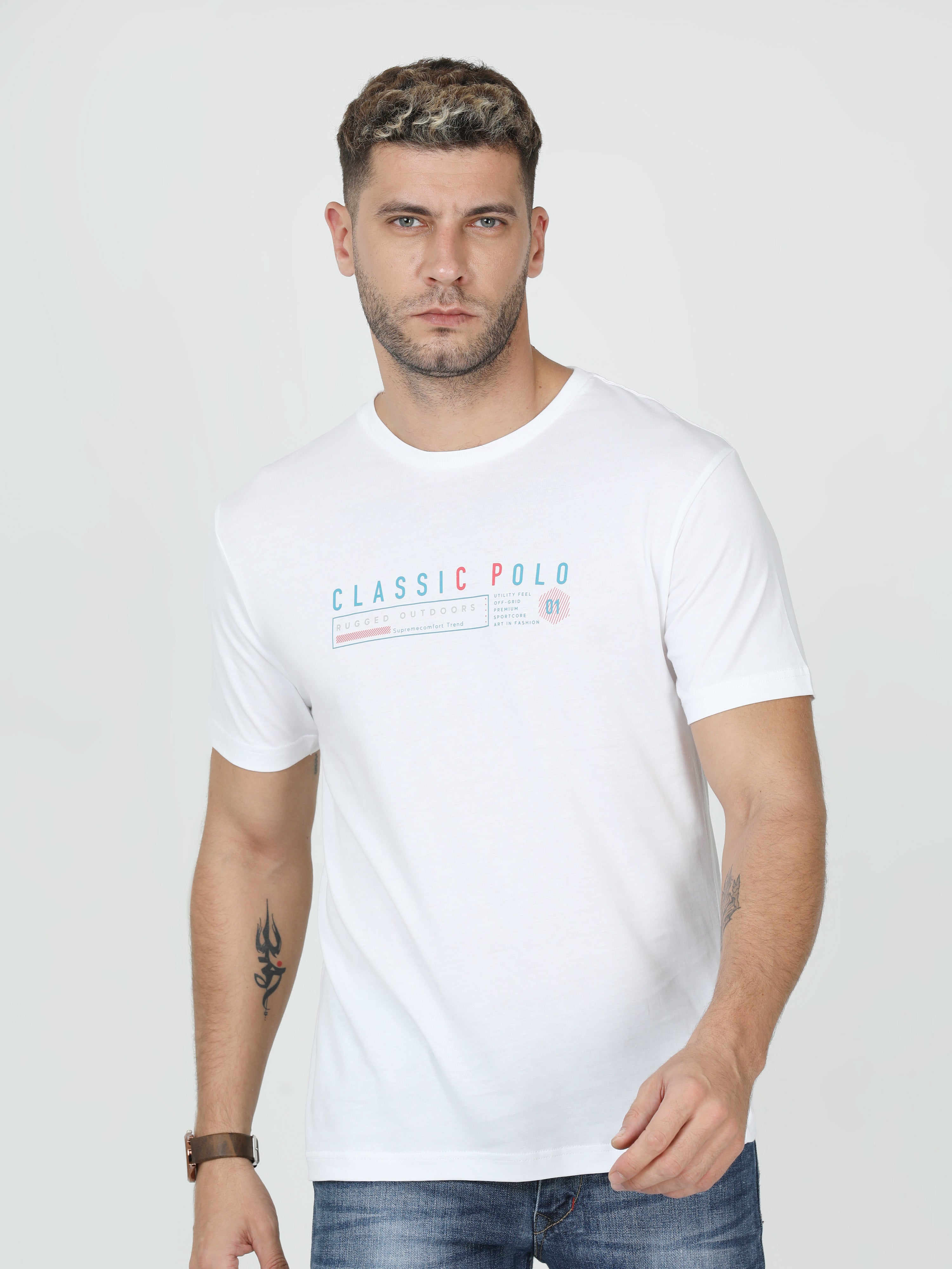 Classic Polo Mens Cotton Half Sleeve Printed Slim Fit Crew Neck Multi Color T Shirt | Toy-Trio-902 SF