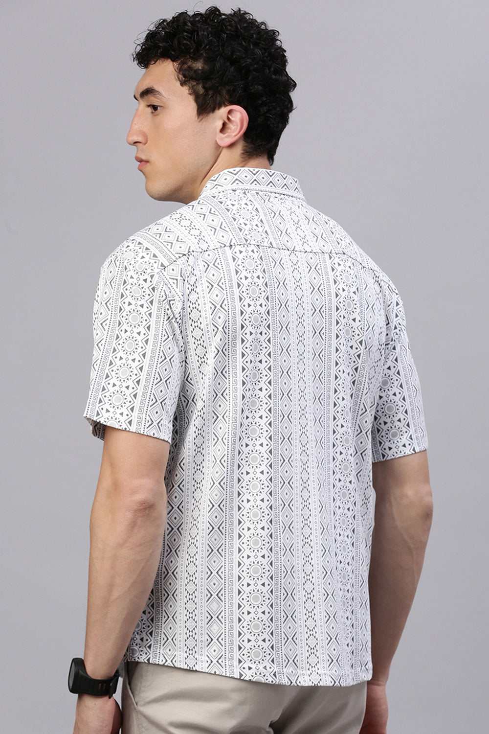 Classic Polo Men's Half Sleeve White/Grey Polo Neck Slim Fit All-Over Print Drop Shoulder Shirt