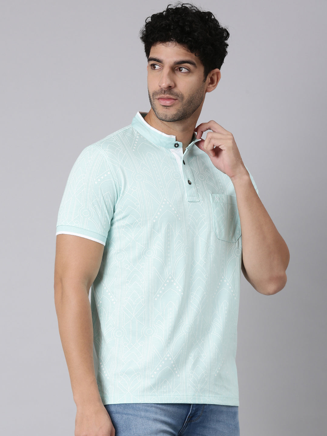 Classic Polo Men's Half Sleeve Light Blue Mandarin Collar Slim Fit All-Over Print Cotton T-Shirt | LTS-AOP - 118 B SF P