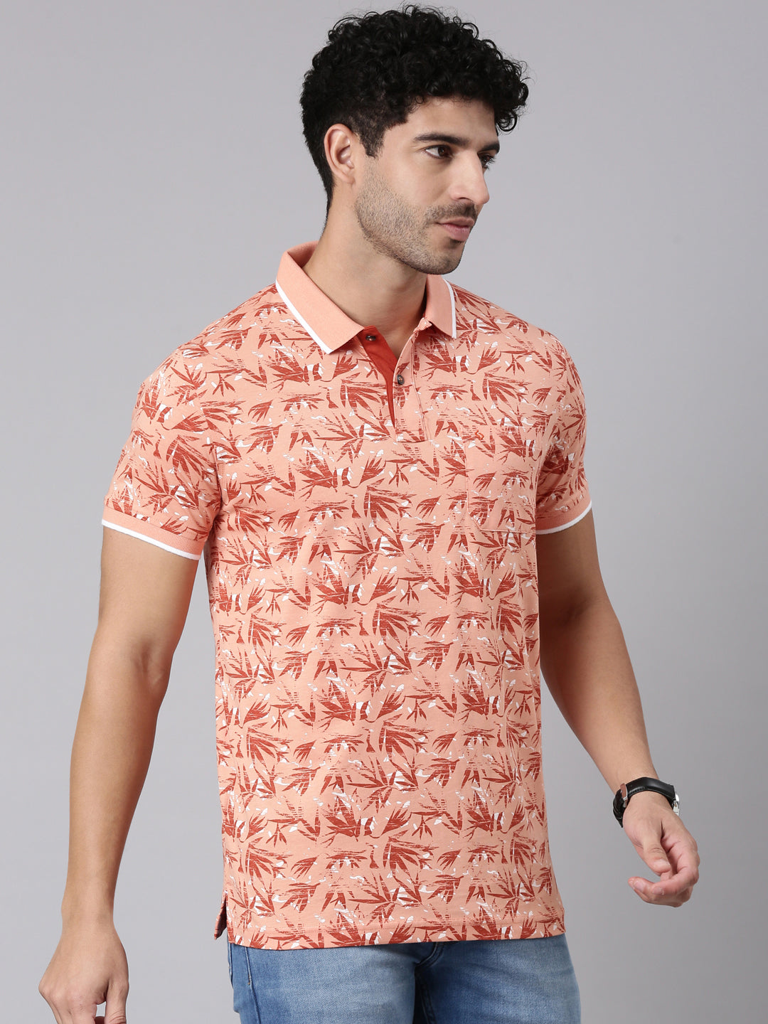 Classic Polo Men's Half Sleeve Dark Peach Polo Neck Slim Fit All-Over Print Cotton T-Shirt | BELLO - 410 B SF P
