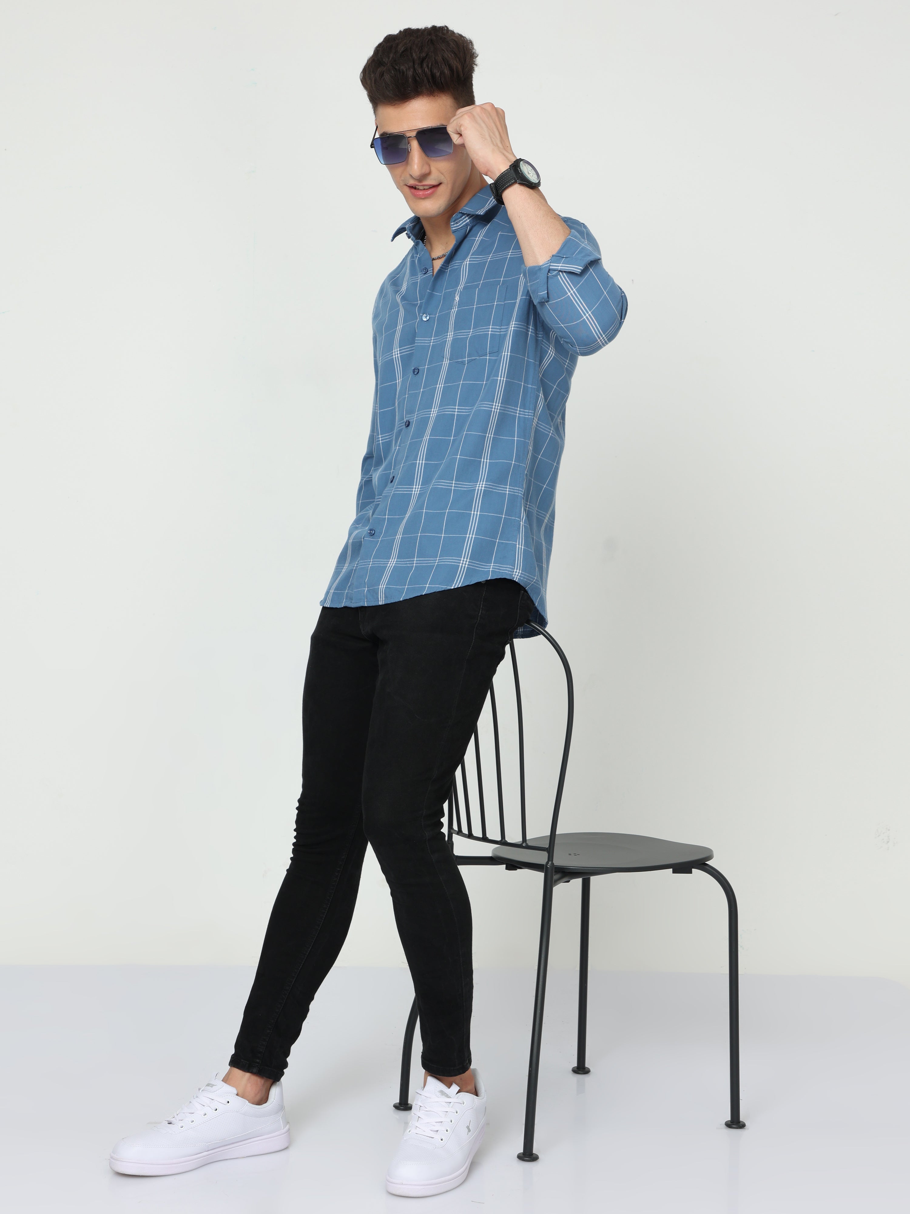 Classic Polo Mens Cotton Full Sleeve Checked Slim Fit Polo Neck Blue Color Woven Shirt | SO1-92 B-FS-CHK