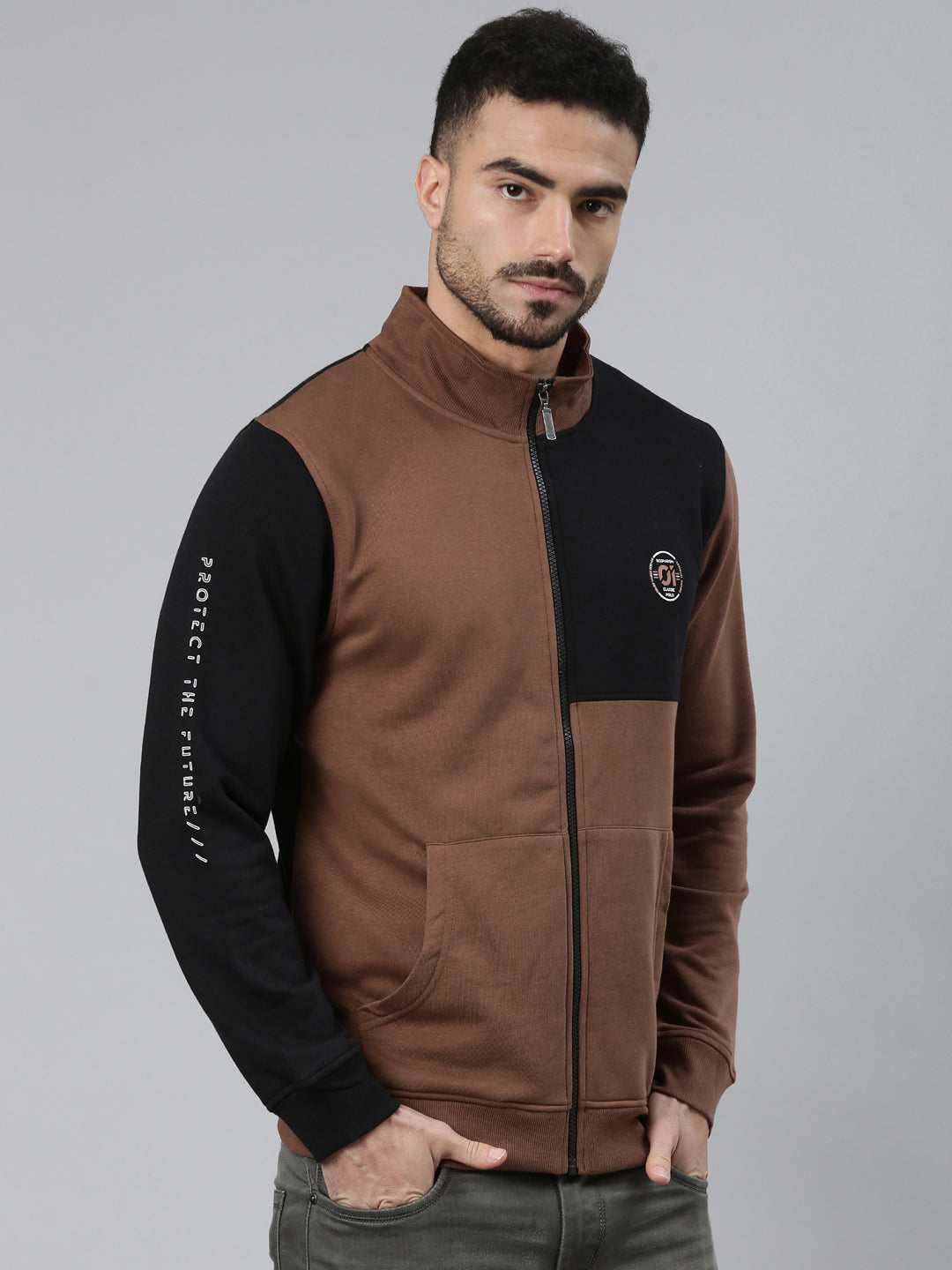 Classic Polo Men's Brown/Black High Neck Front Open Zipper Colorblock Kangaroo Pocket Sweatshirt | LSWT - 03 B