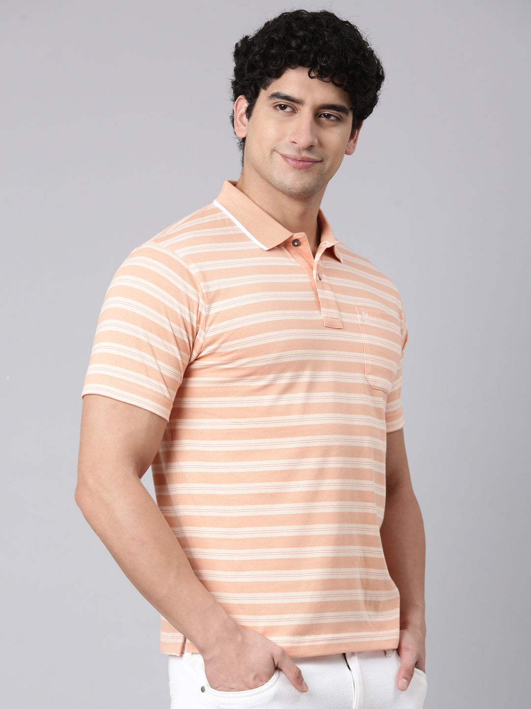 Classic Polo Men's Half Sleeve Orange Polo Neck Authentic Fit Striped Cotton Blend T-Shirt | FEEDERS - 306 A AF P