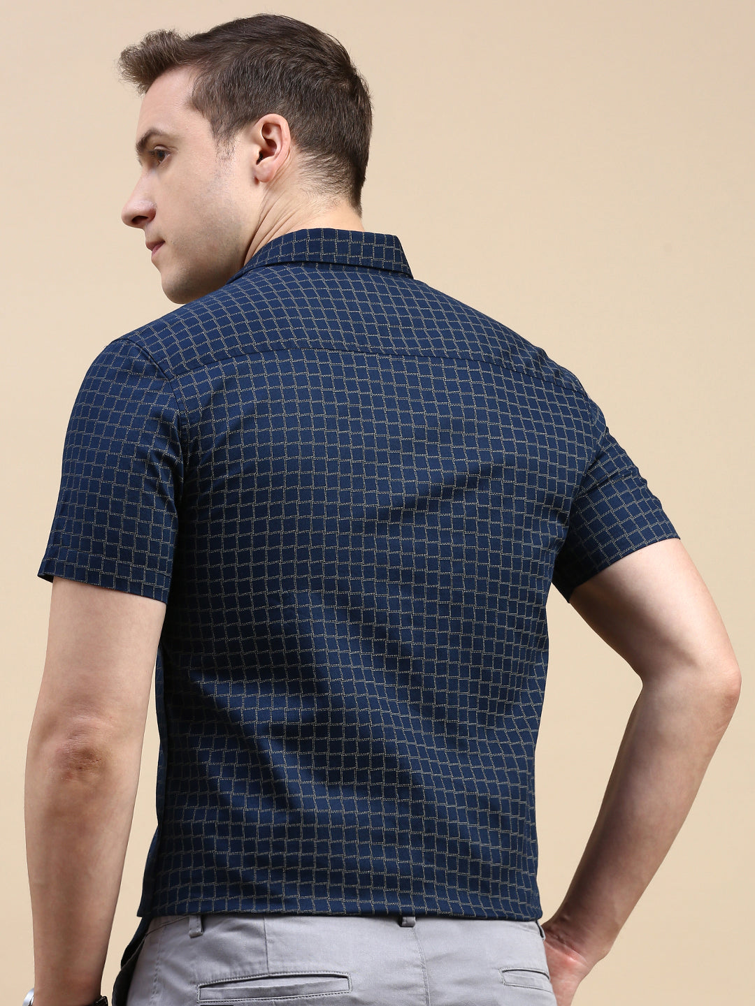 CP BRO Men's Polo Neck Cotton Navy Blue Slim Fit Printed Shirt | SBP1-26A-HS-PRT-BSL