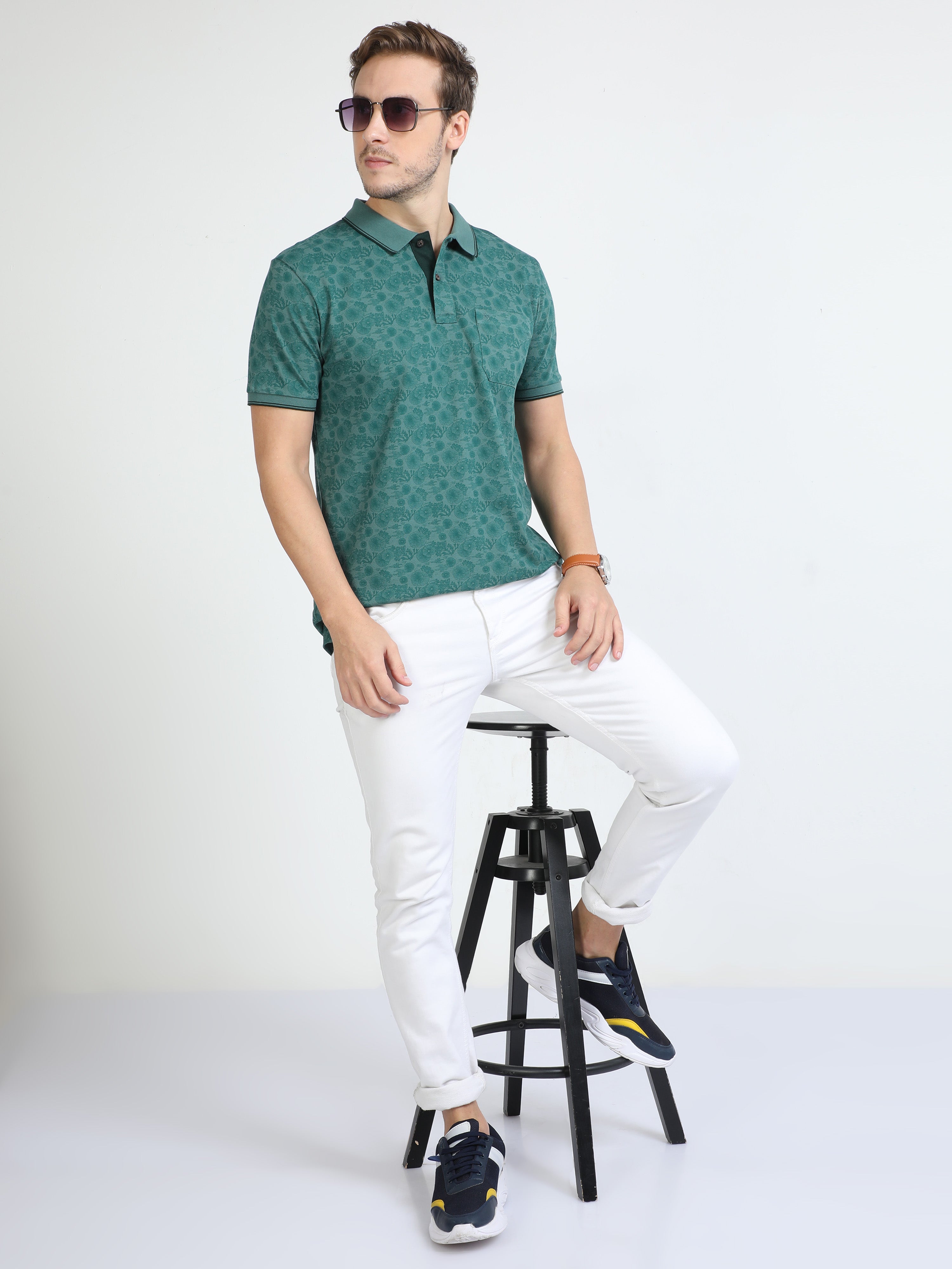 Classic Polo Mens Cotton Half Sleeves Floral Slim Fit Polo Neck Green Color T-Shirt | Beau - 219 A Sf P