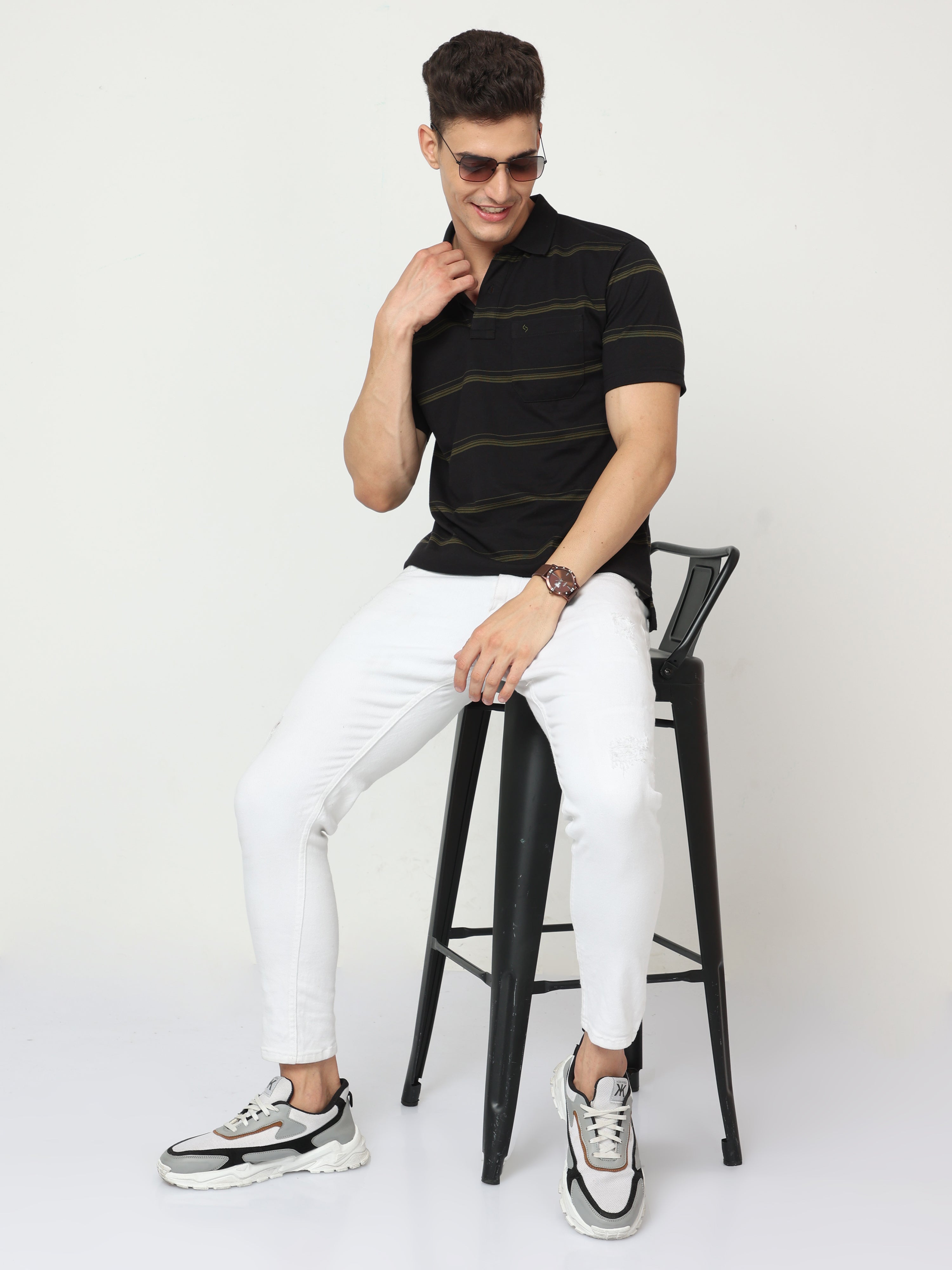 Classic Polo Mens Pure Cotton Half Sleeve Striped Regular Fit Polo Neck Black Color T Shirt | F-Avon - 110 B