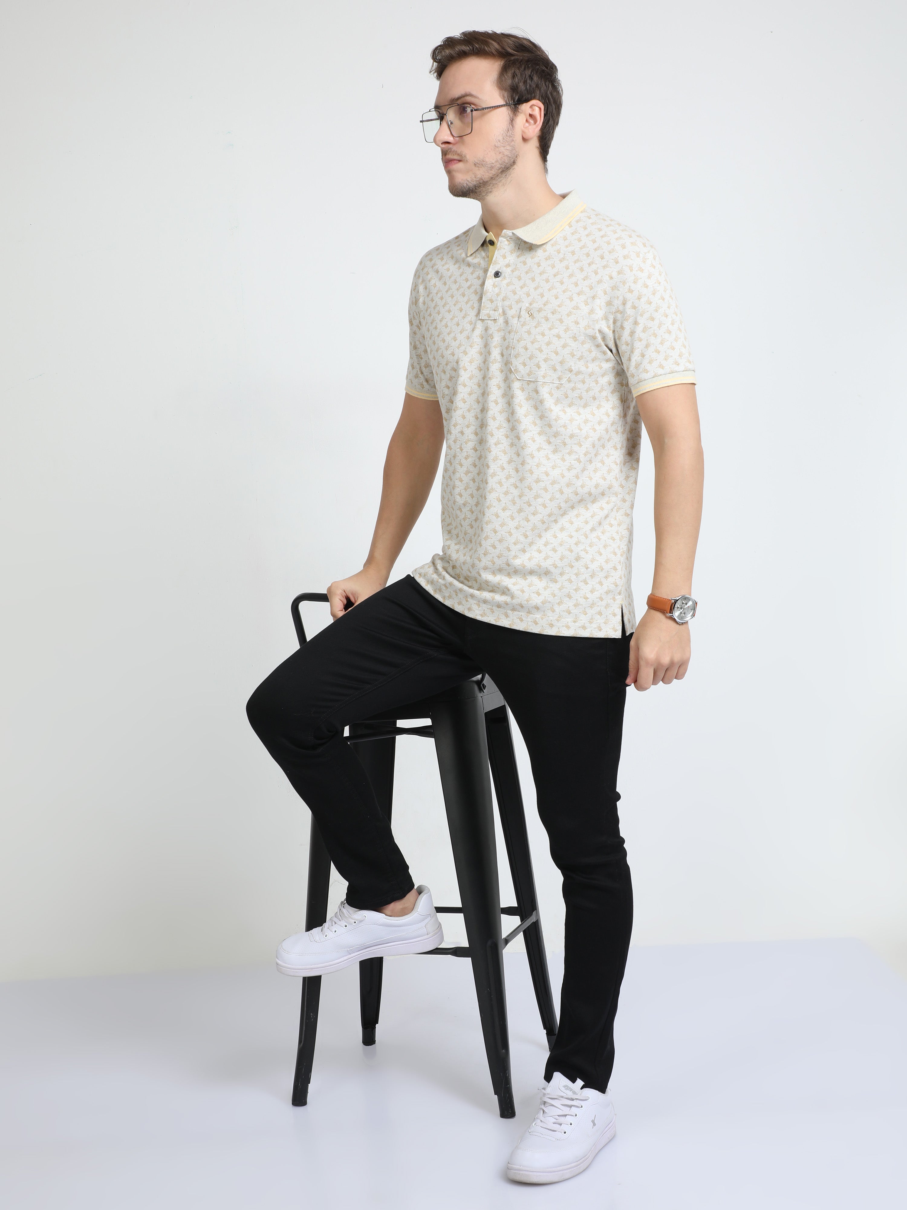 Classic Polo Mens Cotton Half Sleeves Floral Slim Fit Polo Neck Cream Color T-Shirt | Bello - 226 B Sf P