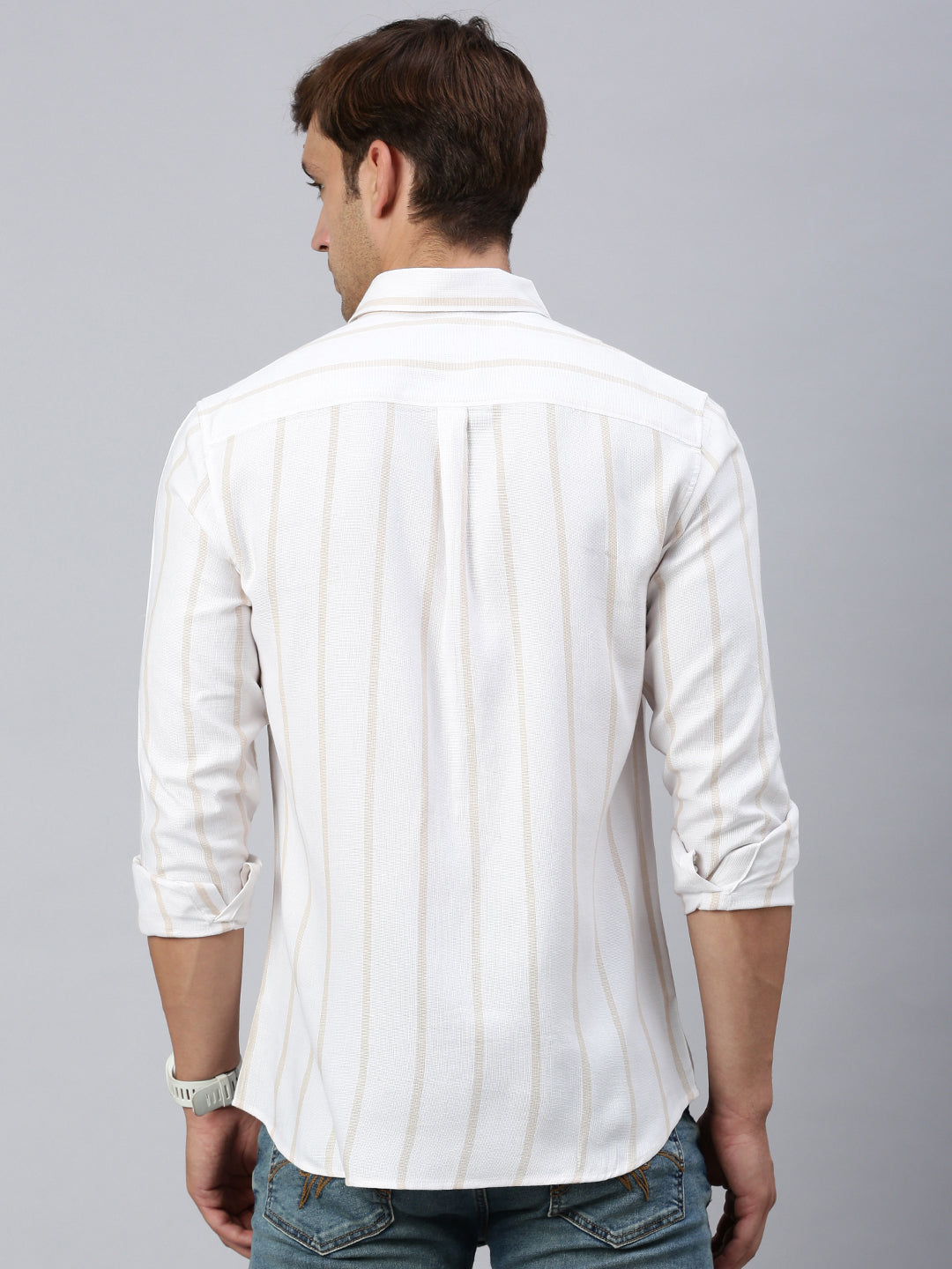 Classic Polo Men's Full Sleeve White/Beige Slim Fit Striped Casual Shirt | SP2-EL-01 C-FS-STR-SF