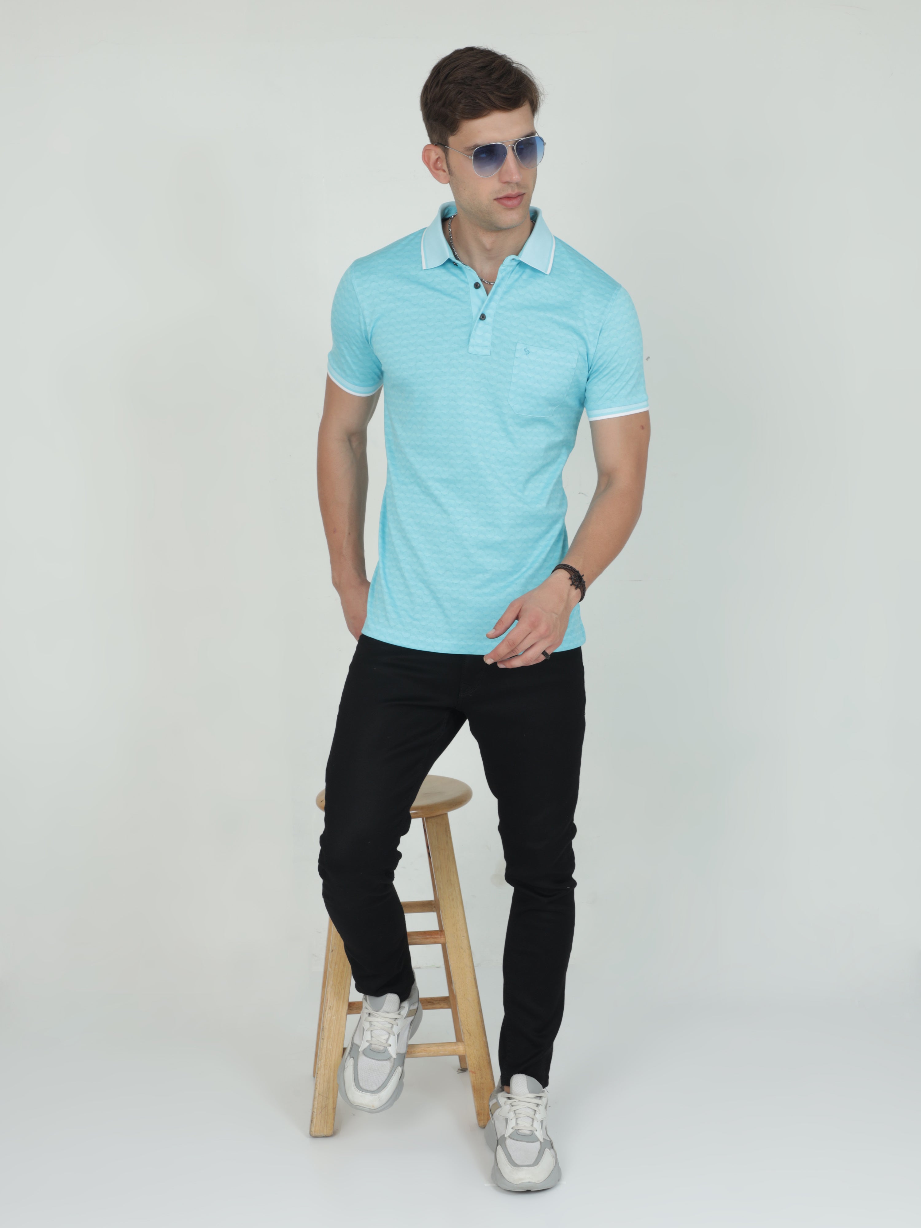Classic Polo Mens Cotton Half Sleeves Floral Slim Fit Polo Neck Aqua Color T-Shirt | Scant - 28 A Sf P