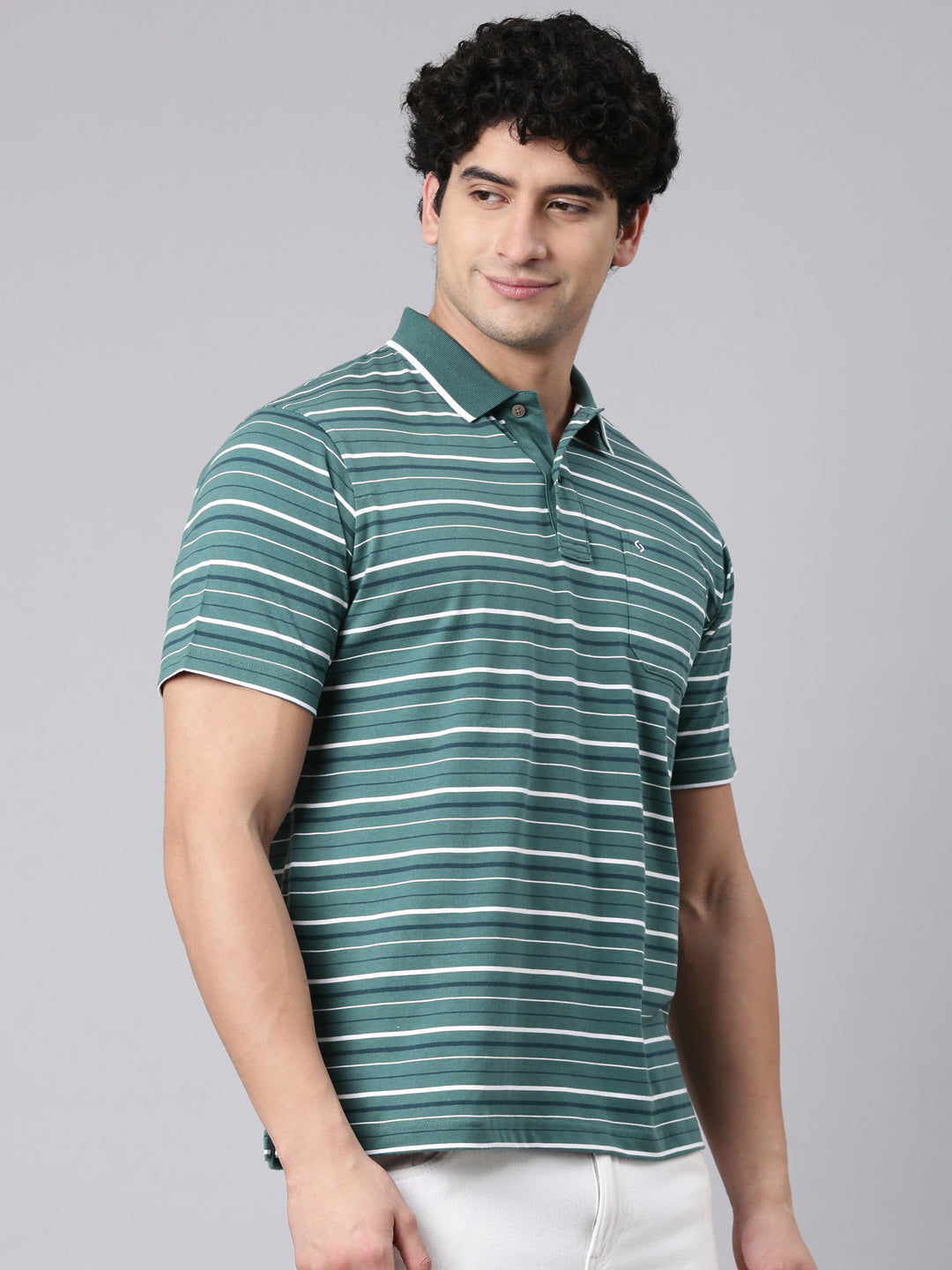 Classic Polo Men's Half Sleeve Green/White Polo Neck Authentic Fit Striped Cotton Blend T-Shirt | FEEDERS - 308 B AF P
