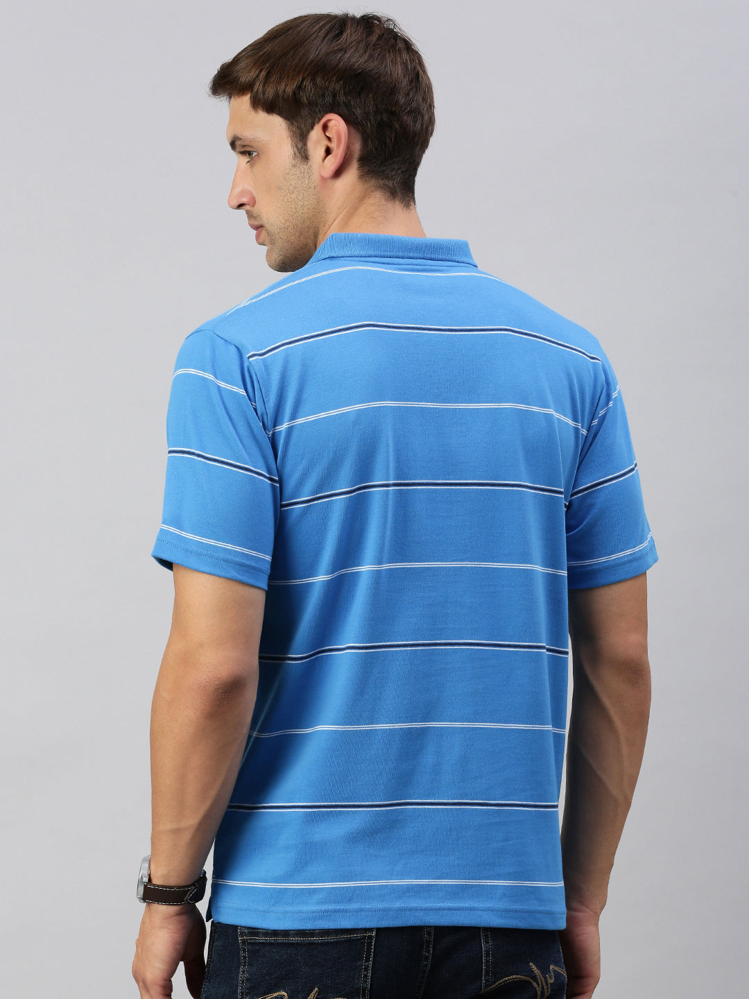 Classic Polo Men's Half Sleeve Royal Blue Polo Neck Authentic Fit Striped T-Shirt | AVON - 581 A AF P