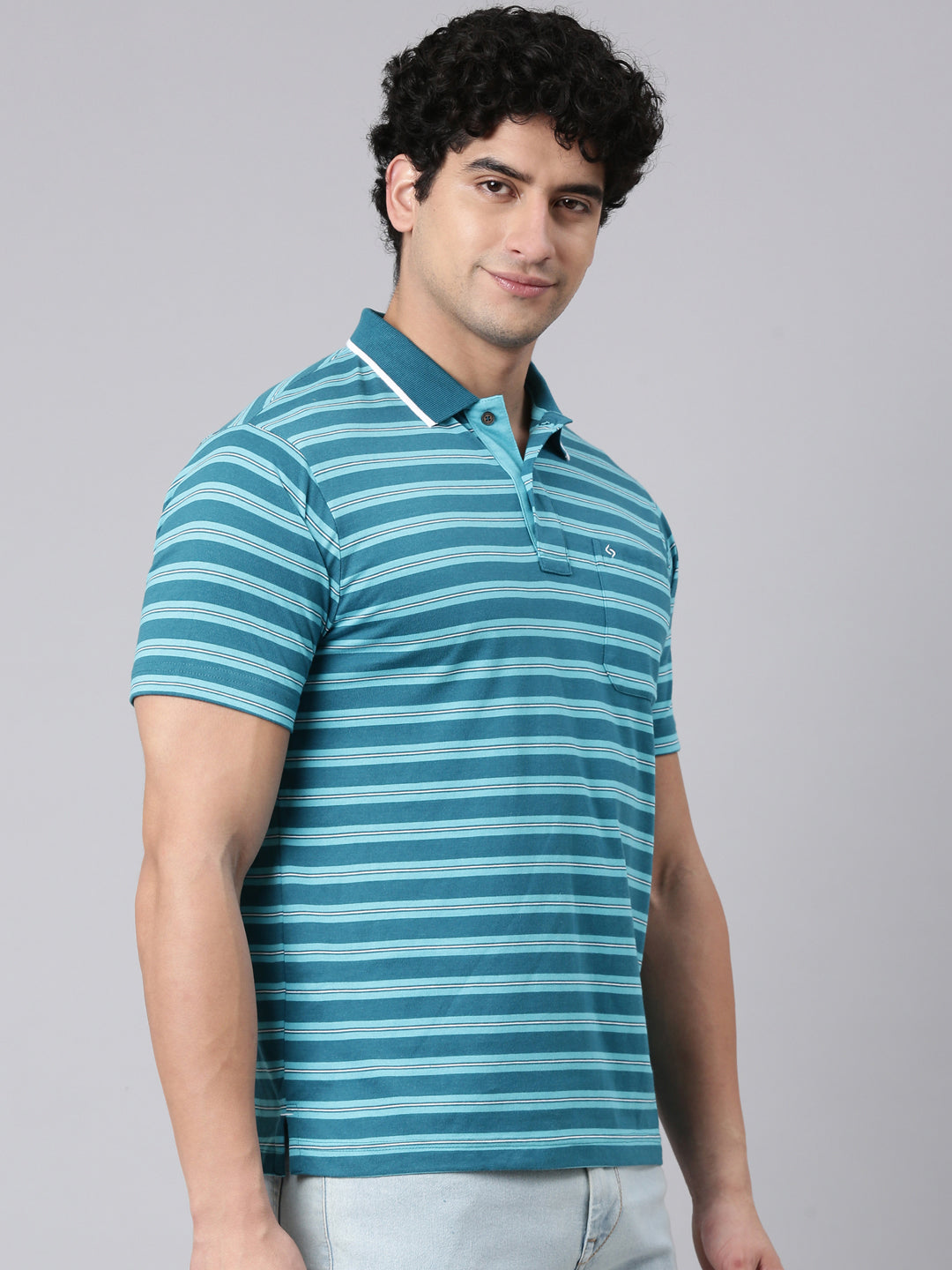 Classic Polo Men's Half Sleeve Blue Polo Neck Authentic Fit Striped Cotton Blend T-Shirt | FEEDERS - 306 B AF P