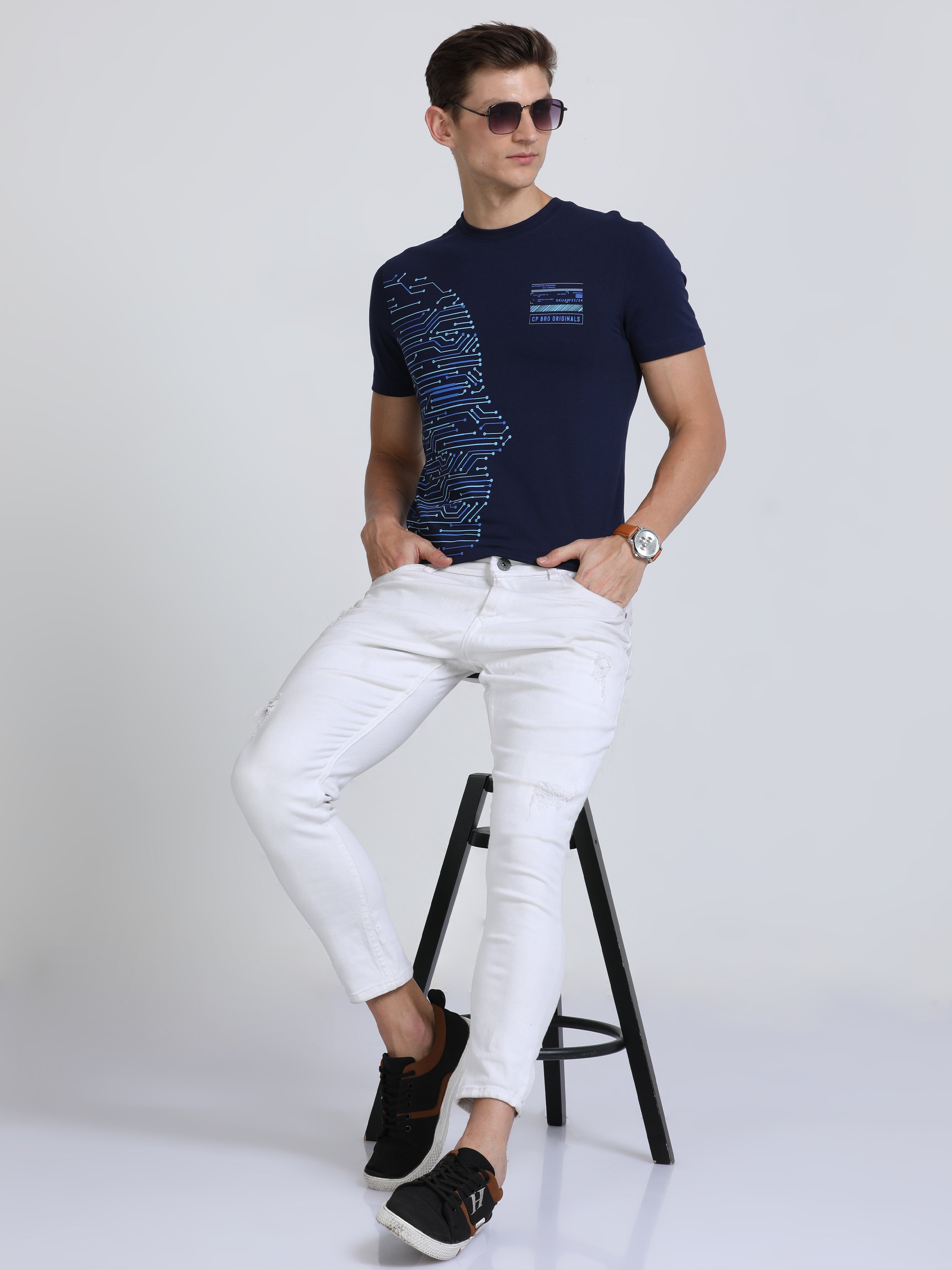 Classic Polo Mens Cotton Half Sleeves Printed Slim Fit Crew Neck Navy Color T-Shirt | Brcn - 551 A Sf C