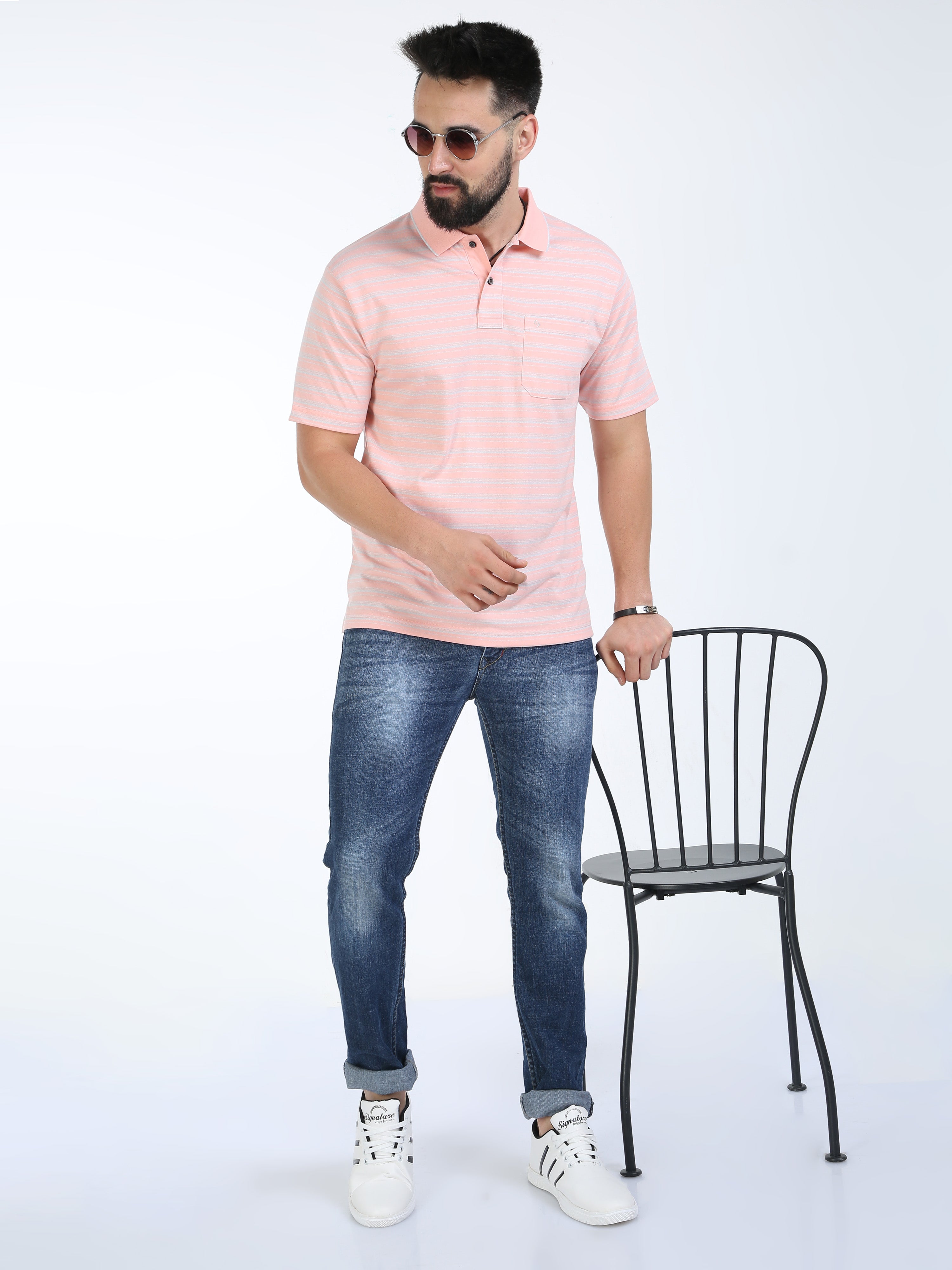 Classic Polo Mens Cotton Half Sleeves Striped Authentic Fit Polo Neck Pink Color T-Shirt | Feeders-233 B Af P